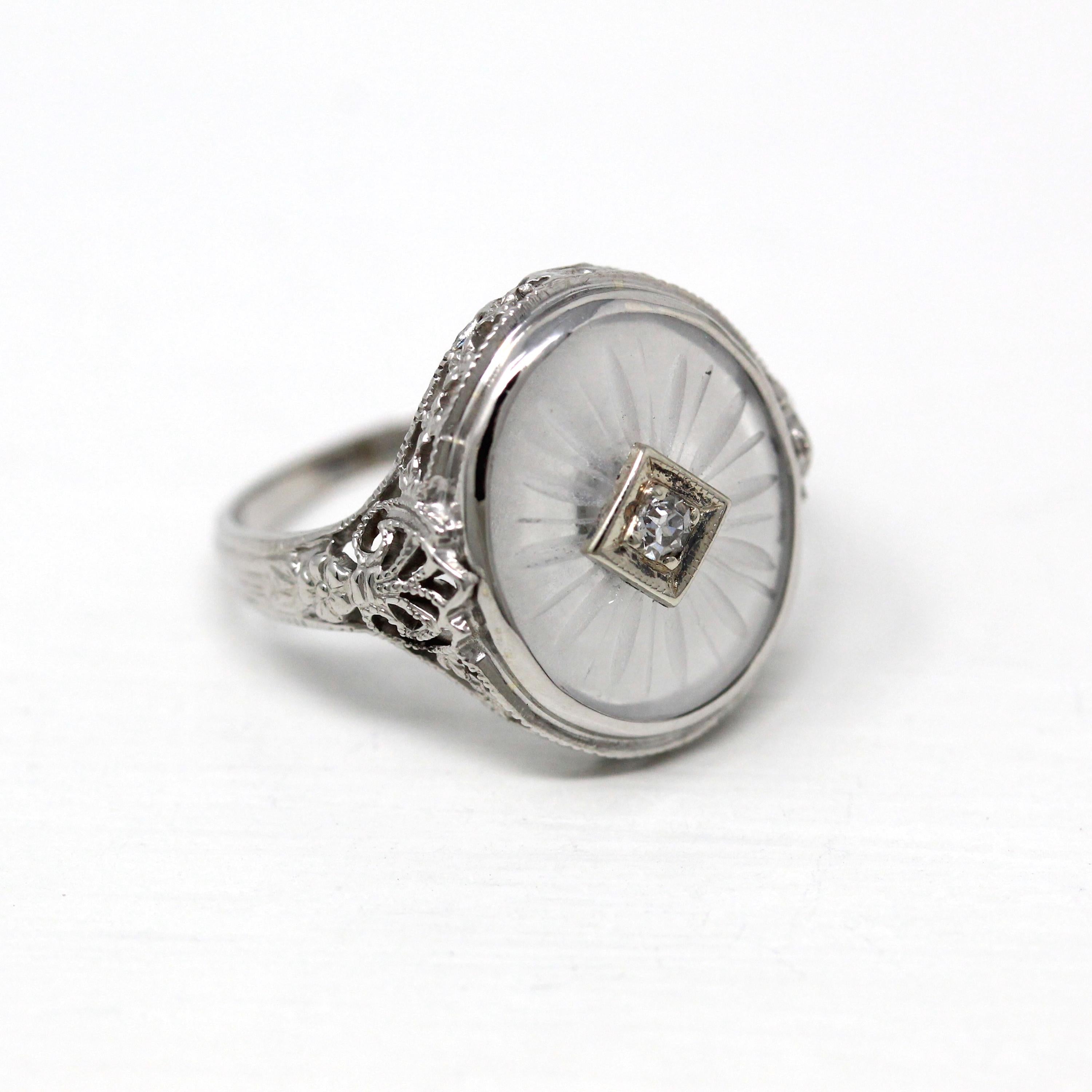 Camphor Glass Ring - Vintage Art Deco 10k White Gold Filigree Diamond Statement - 1930s Size 5 Flower 30s Oval Clear Glass Fine Jewelry