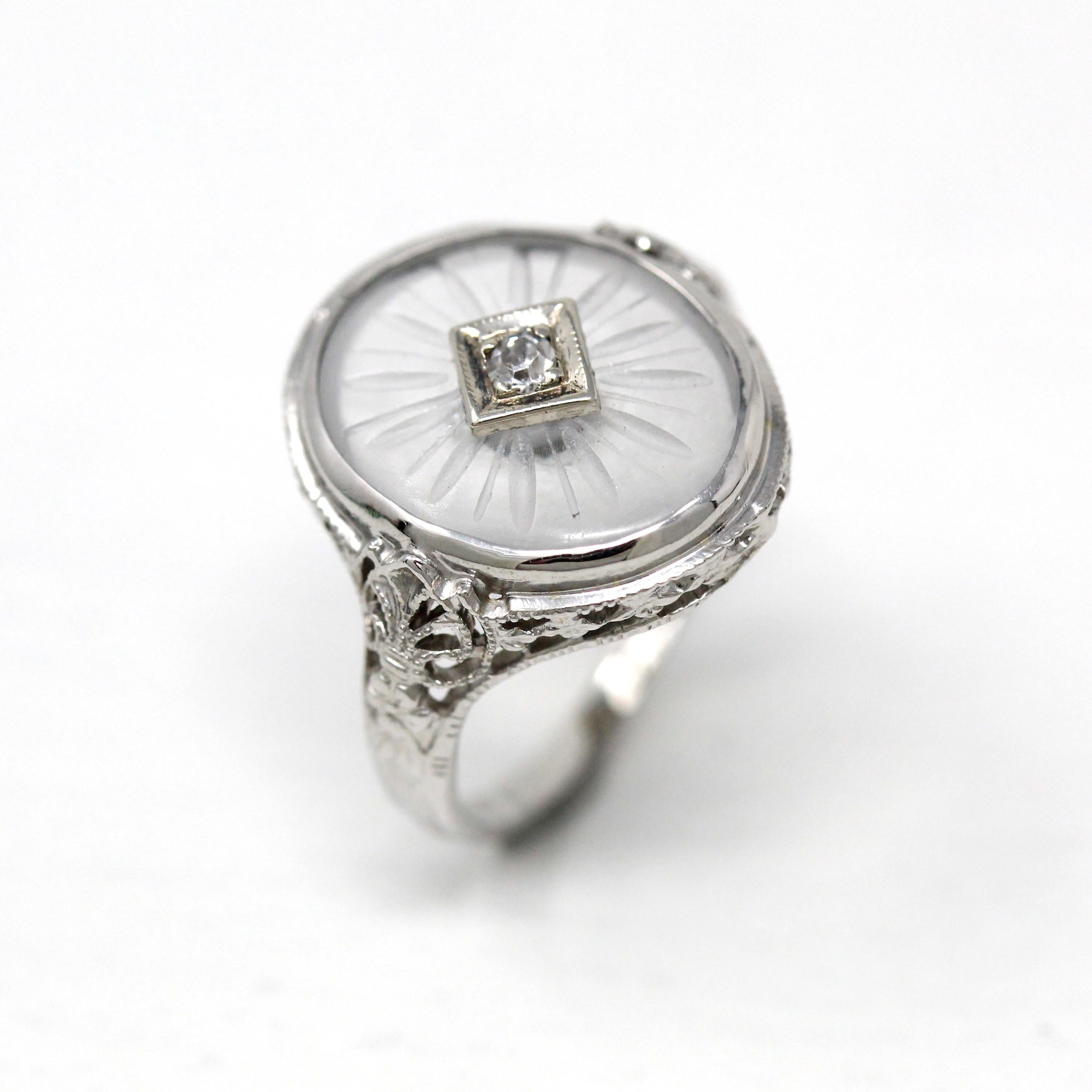 Camphor Glass Ring - Vintage Art Deco 10k White Gold Filigree Diamond Statement - 1930s Size 5 Flower 30s Oval Clear Glass Fine Jewelry