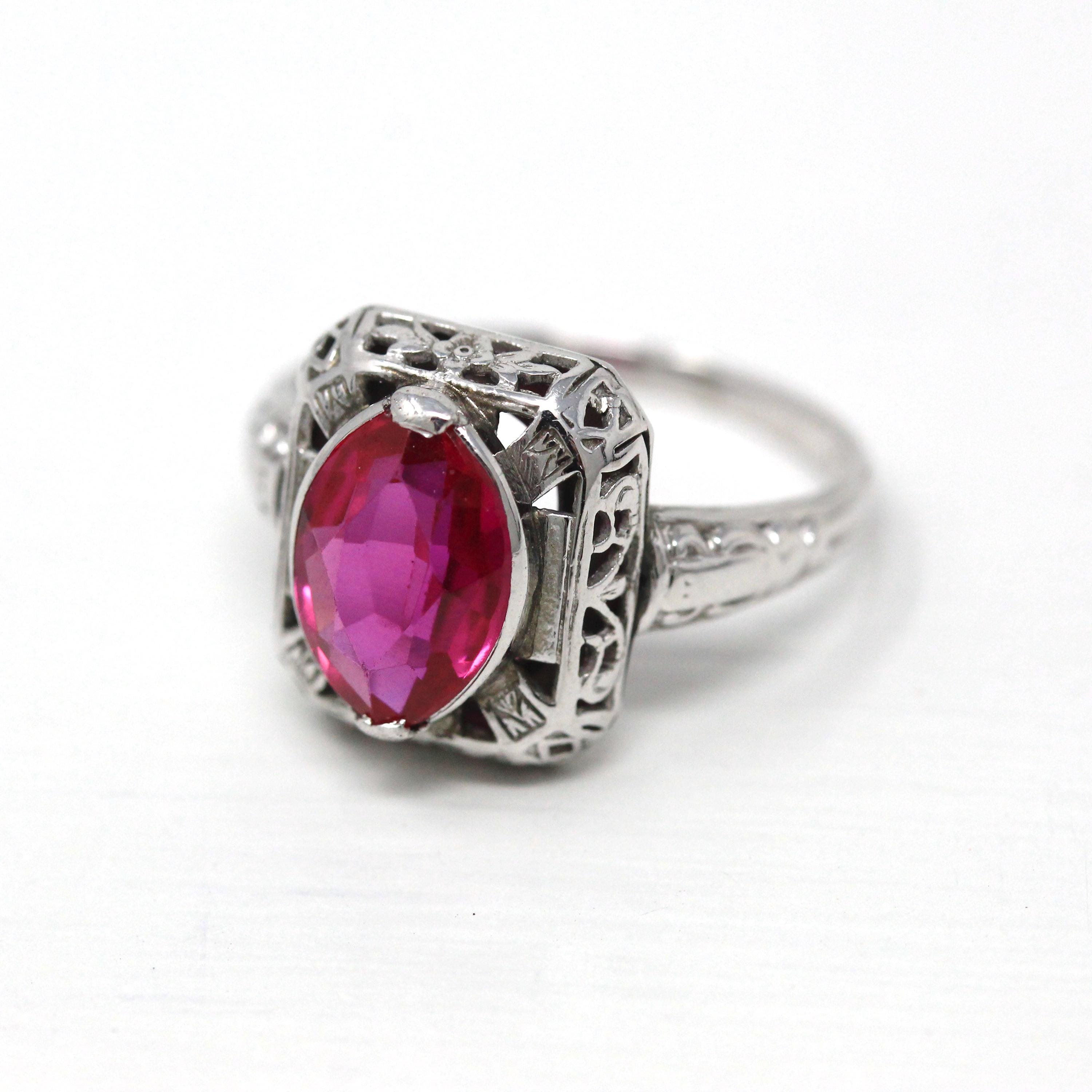 Created Ruby Ring - Vintage Art Deco 10k White Gold Filigree Marquise Cut 1.70 Ct Statement - Circa 1930s Size 4 3/4 July Birthstone Jewelry