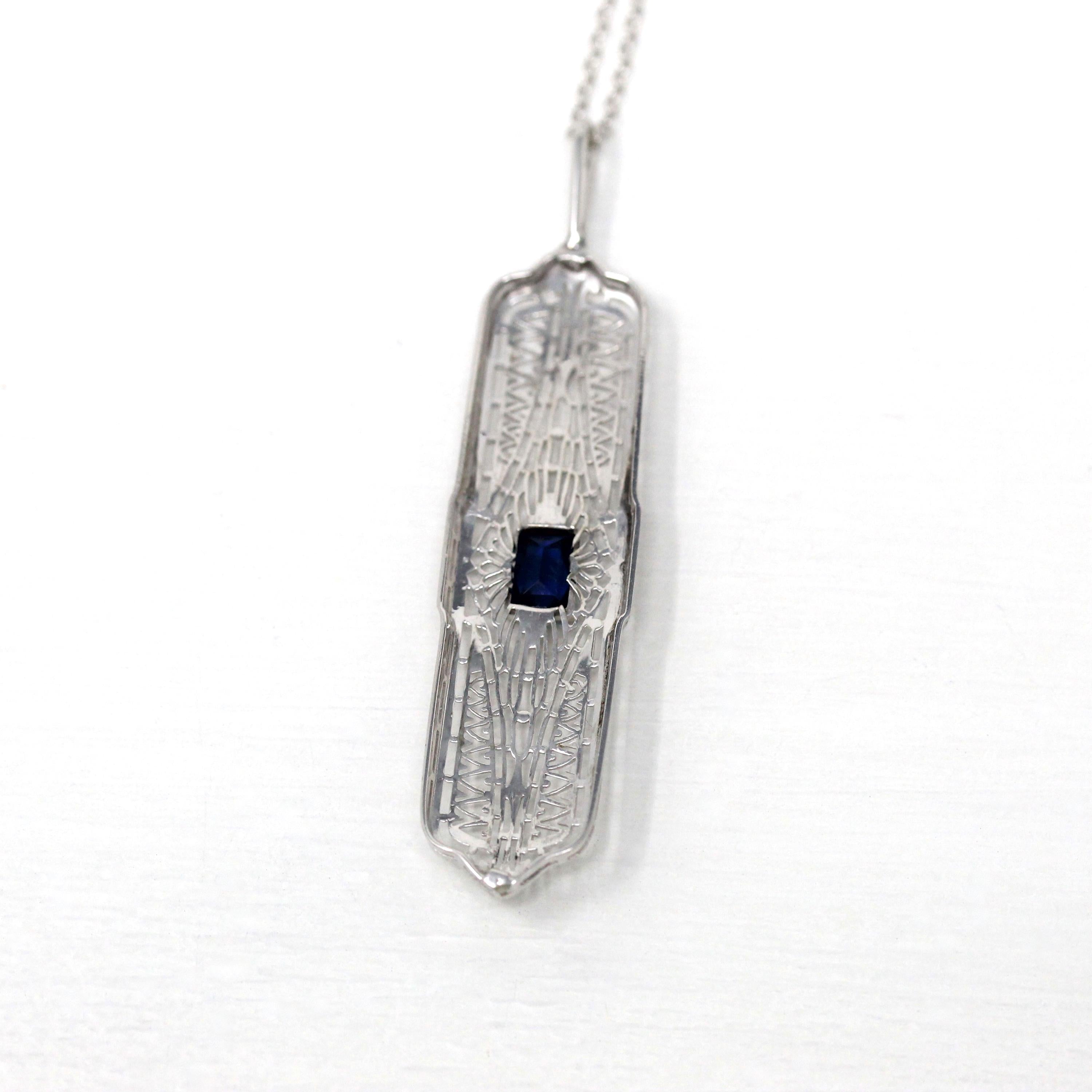 Art Deco Necklace - Vintage 10k White Gold Simulated Sapphire Filigree Conversion Pendant - September Dark Blue Glass 1930s Fine Jewelry