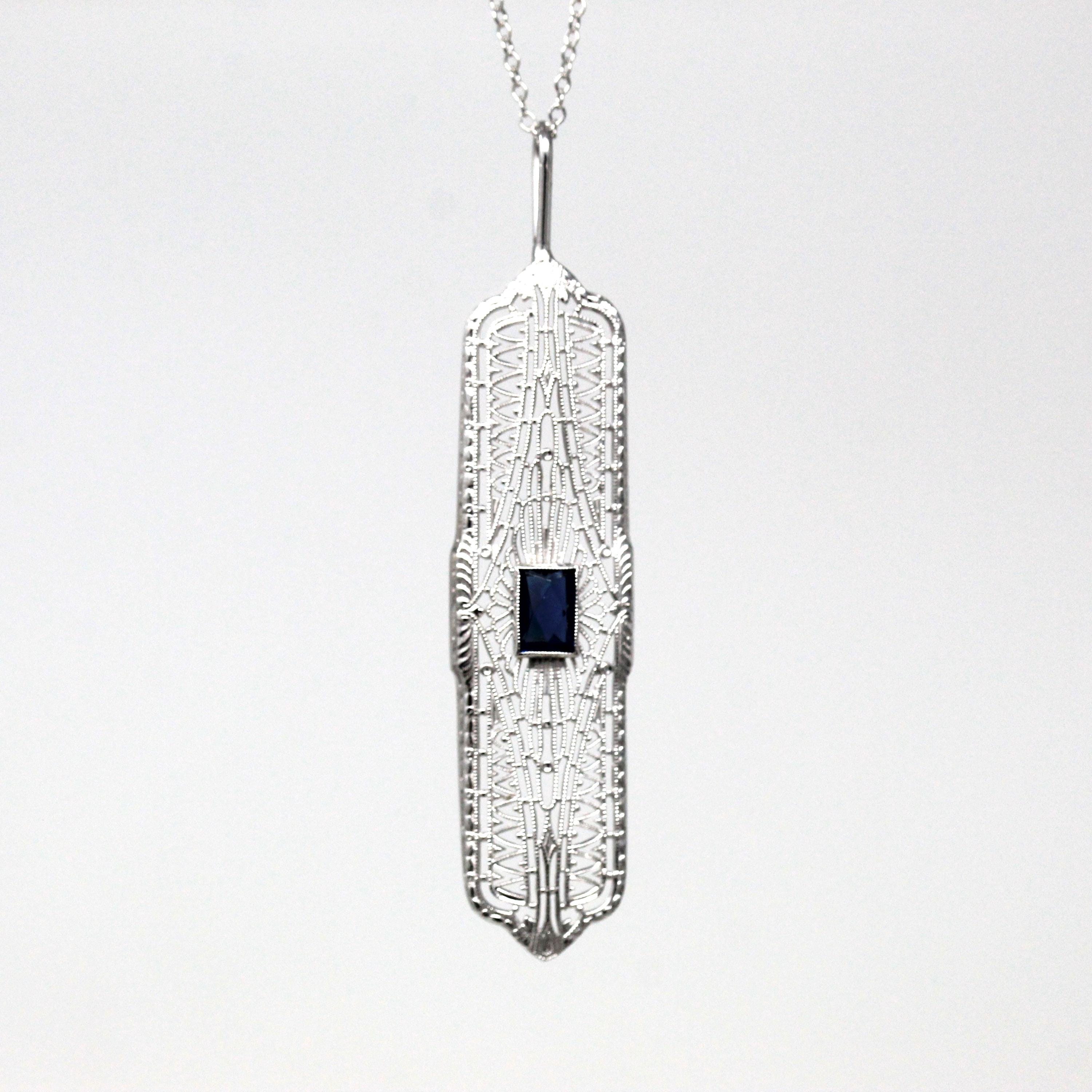 Art Deco Necklace - Vintage 10k White Gold Simulated Sapphire Filigree Conversion Pendant - September Dark Blue Glass 1930s Fine Jewelry