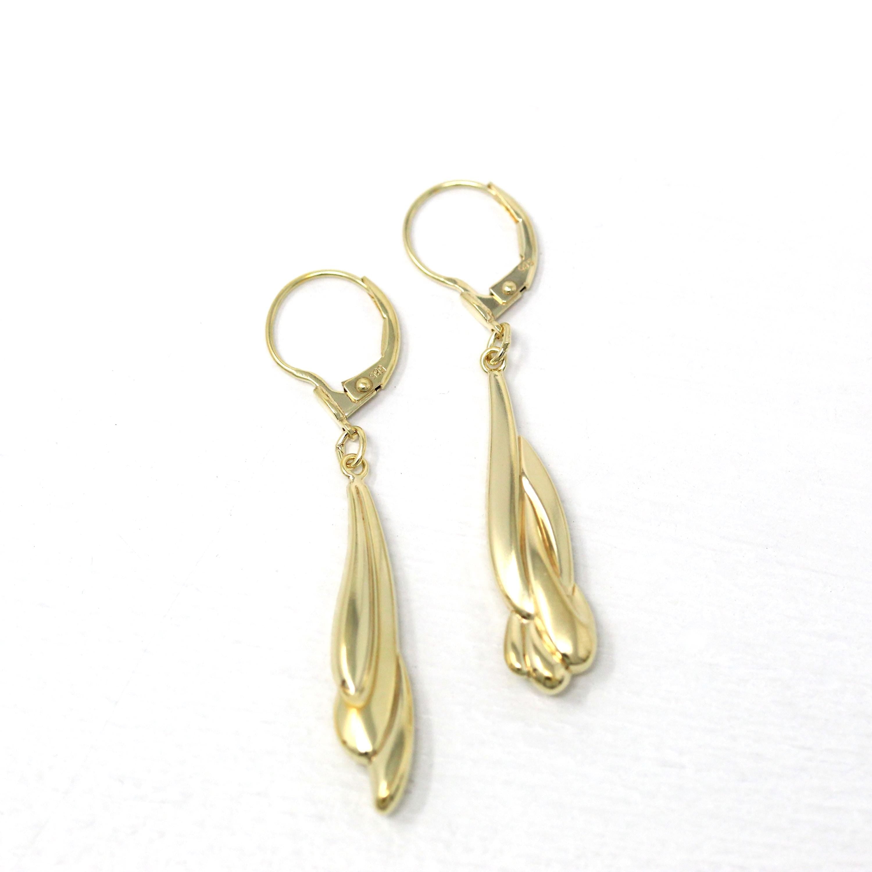 New Old Stock Earrings - Modern 585 14k Yellow Gold Teardrop Geometric Design Lever Back - Estate Circa 1990's Era Statement Fine Jewelry