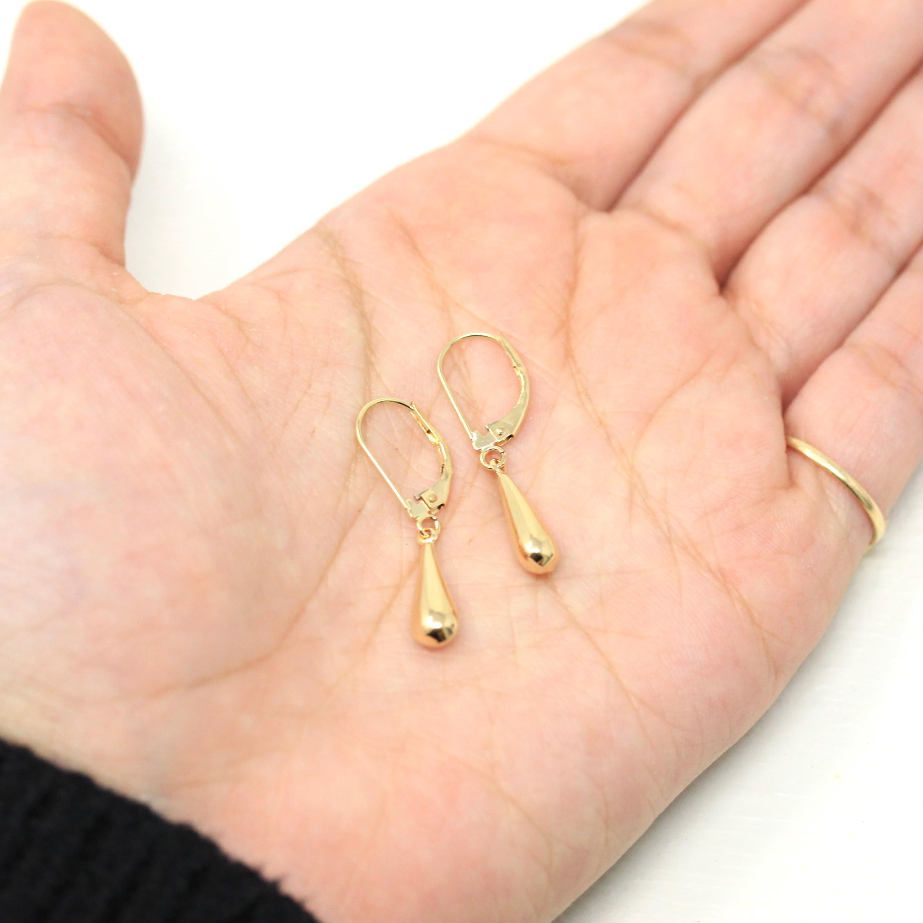 Dainty Teardrop Earrings - Estate 14k Yellow Gold Petite Dangle Drop Design Lever Back - Circa 1990's Era New Old Stock Fine 90s Jewelry