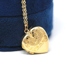 Vintage Heart Locket - Retro 9ct Yellow Gold Keepsake Pendant Necklace - Circa 1960s Era Engraved Designs Photograph Fine English Jewelry