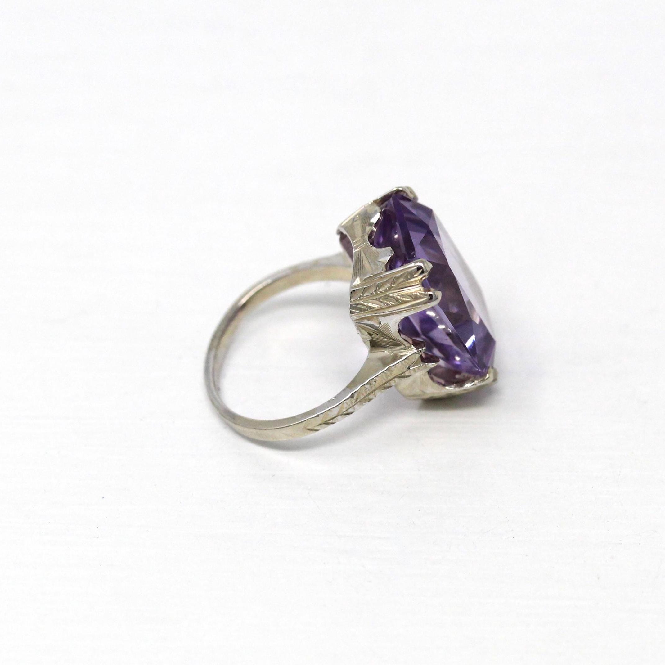 Vintage Amethyst Ring - Art Deco 14k White Gold 8.95 CT Purple Gem - Antique Circa 1920s Size 3 February Birthstone Engraved Fine Jewelry