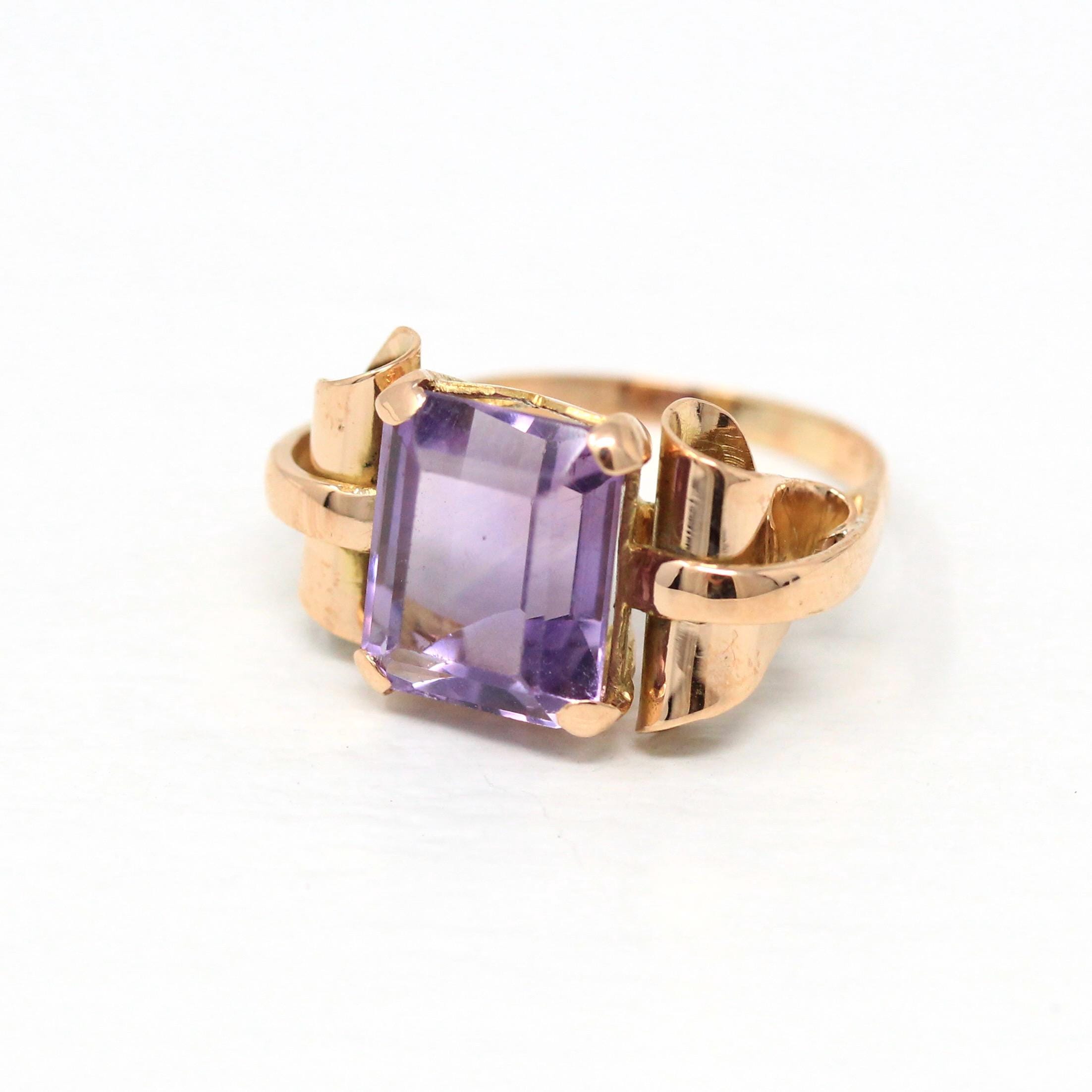 Genuine Amethyst Ring - Vintage 18k Rose Gold Faceted Purple Hued 4.83 CT Gemstone - Retro Era Circa 1940s Size 5 Fine 40s Gem Jewelry