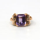 Genuine Amethyst Ring - Vintage 18k Rose Gold Faceted Purple Hued 4.83 CT Gemstone - Retro Era Circa 1940s Size 5 Fine 40s Gem Jewelry