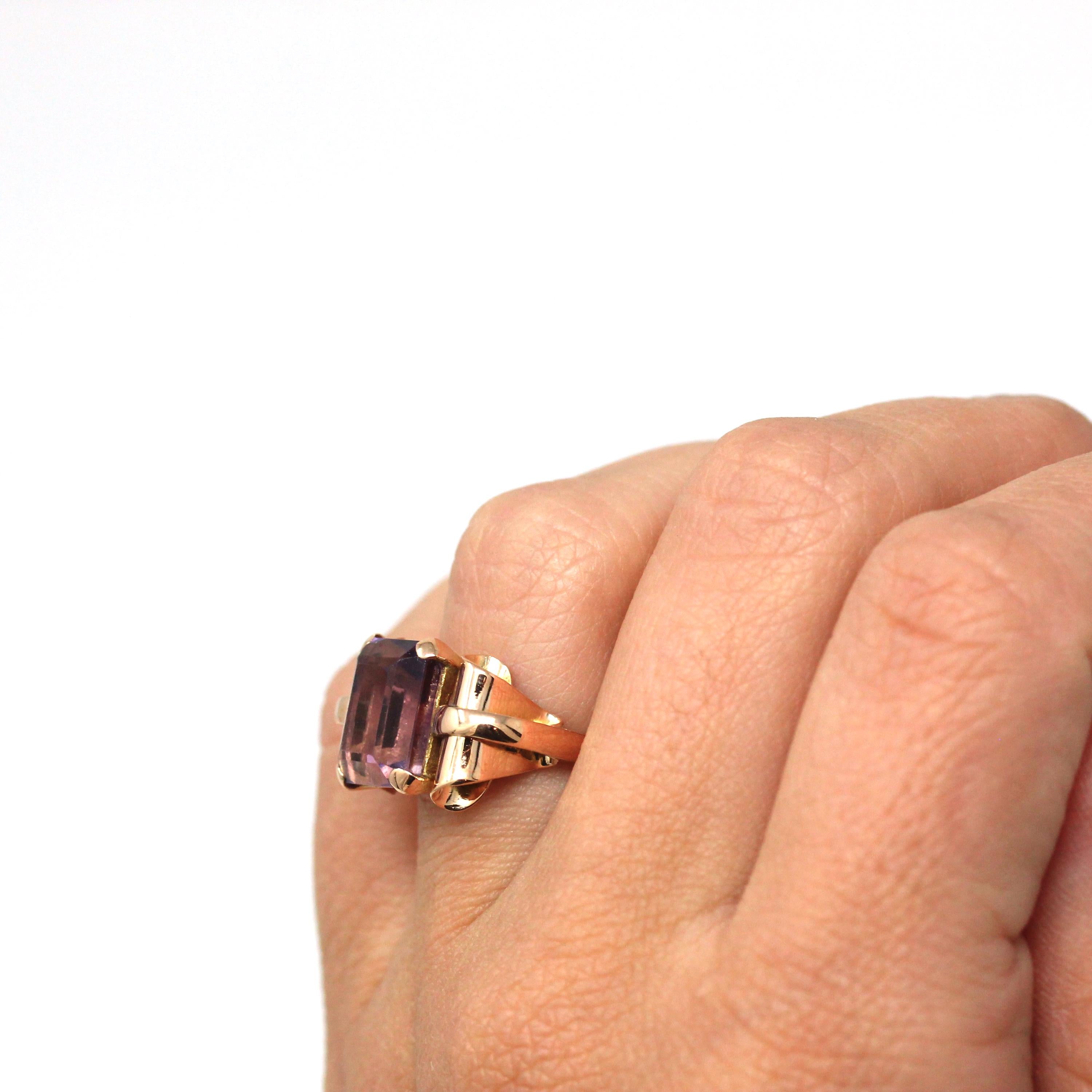 Genuine Amethyst Ring - Vintage 18k Rose Gold Faceted Purple Hued 4.83 CT Gemstone - Retro Era Circa 1940s Size 5 Fine 40s Gem Jewelry