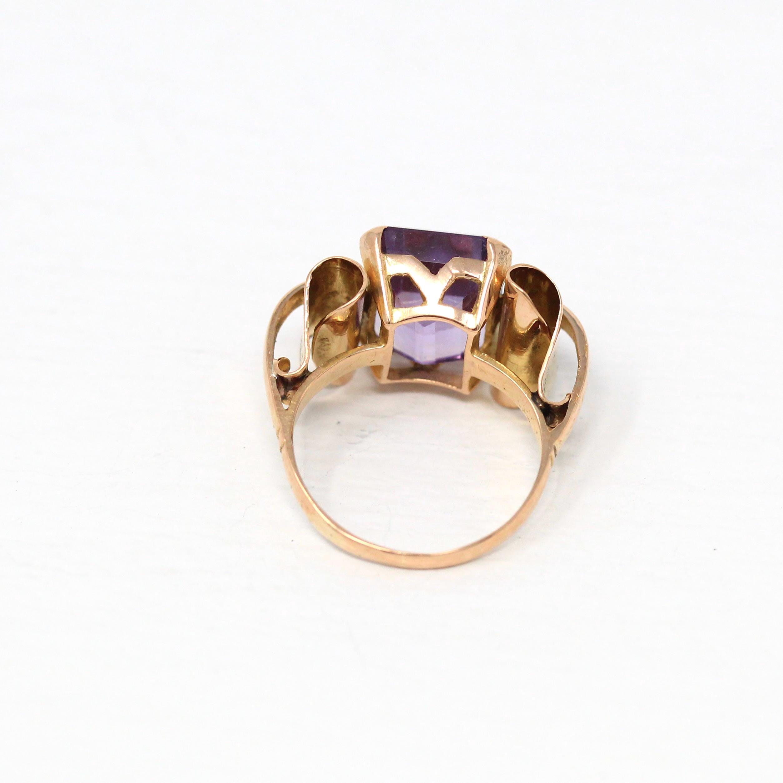 Genuine Amethyst Ring - Vintage 18k Rose Gold Faceted Purple Hued 4.83 CT Gemstone - Retro Era Circa 1940s Size 5 Fine 40s Gem Jewelry