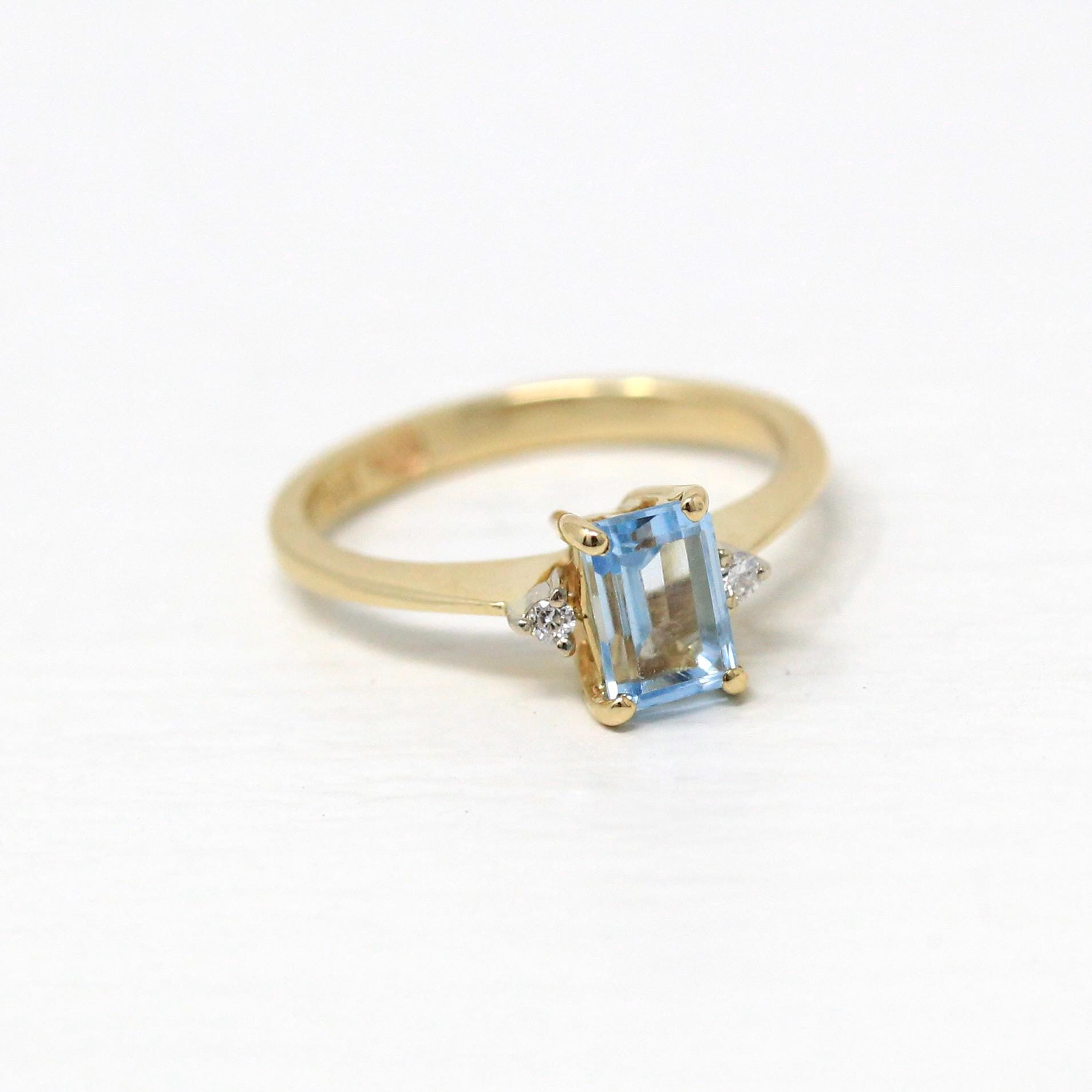 Genuine Aquamarine Ring - Modern 14k Yellow Gold Emerald Cut CT Blue Gem - Estate Circa 2000's Era Size 5 Diamond March Birthstone Jewelry