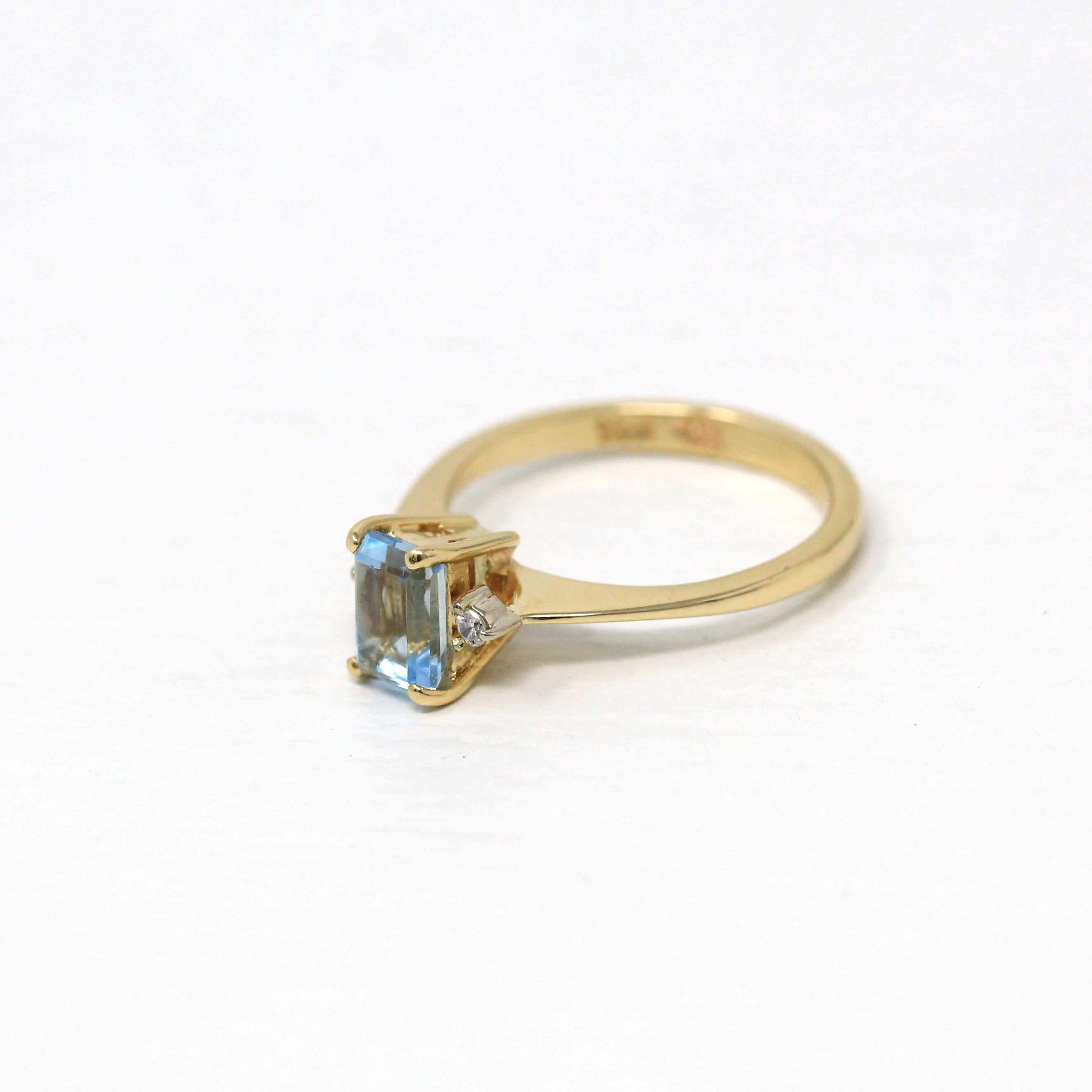 Genuine Aquamarine Ring - Modern 14k Yellow Gold Emerald Cut CT Blue Gem - Estate Circa 2000's Era Size 5 Diamond March Birthstone Jewelry