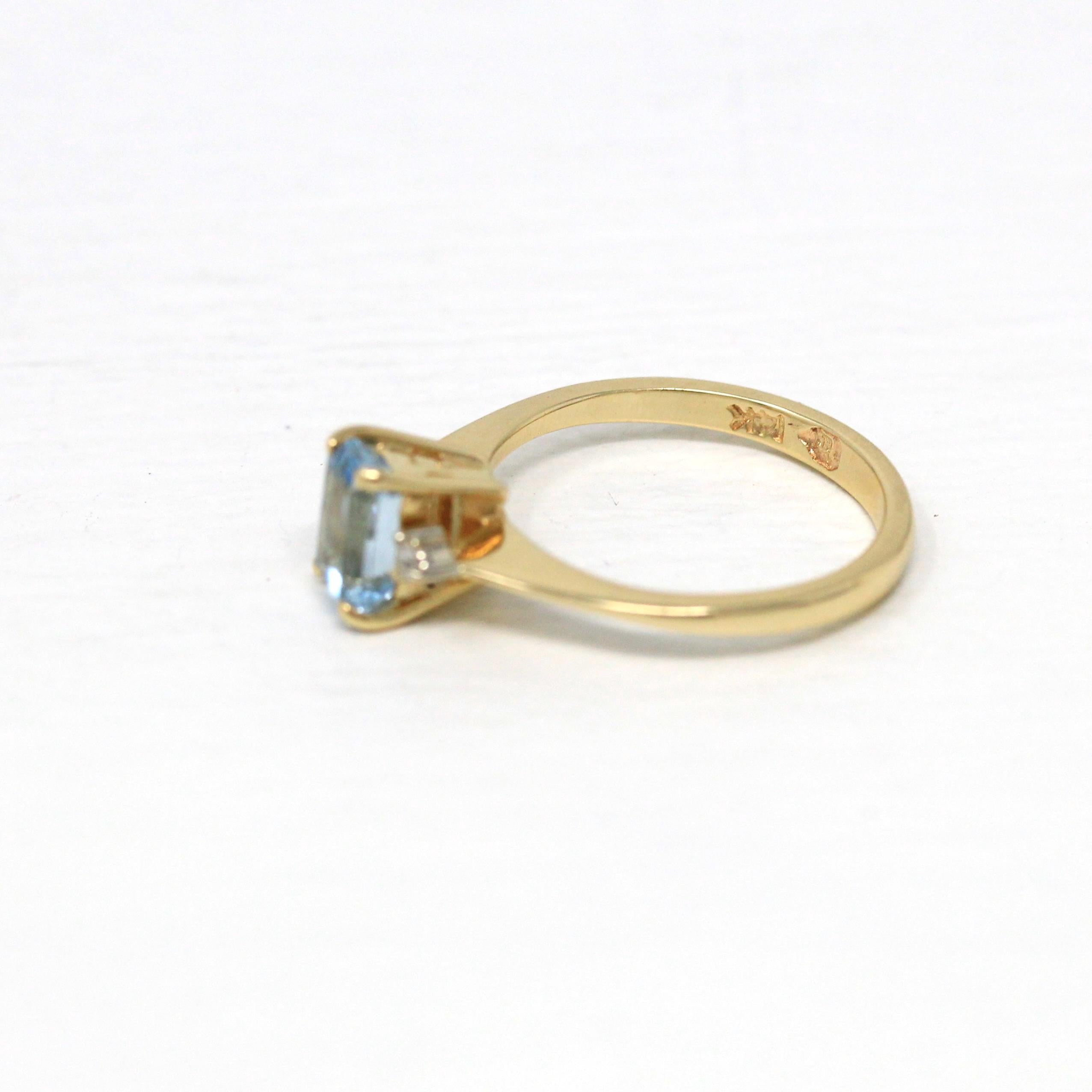 Genuine Aquamarine Ring - Modern 14k Yellow Gold Emerald Cut CT Blue Gem - Estate Circa 2000's Era Size 5 Diamond March Birthstone Jewelry