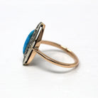 Antique Navette Ring - 9k Rosy Yellow Gold Genuine Turquoise & Rose Cut Diamonds - Vintage Edwardian Size 6 Fine Jewelry