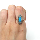 Antique Navette Ring - 9k Rosy Yellow Gold Genuine Turquoise & Rose Cut Diamonds - Vintage Edwardian Size 6 Fine Jewelry