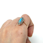 Antique Navette Ring - 9k Rosy Yellow Gold Genuine Turquoise & Rose Cut Diamonds - Vintage Edwardian Size 6 Fine Jewelry