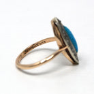 Antique Navette Ring - 9k Rosy Yellow Gold Genuine Turquoise & Rose Cut Diamonds - Vintage Edwardian Size 6 Fine Jewelry