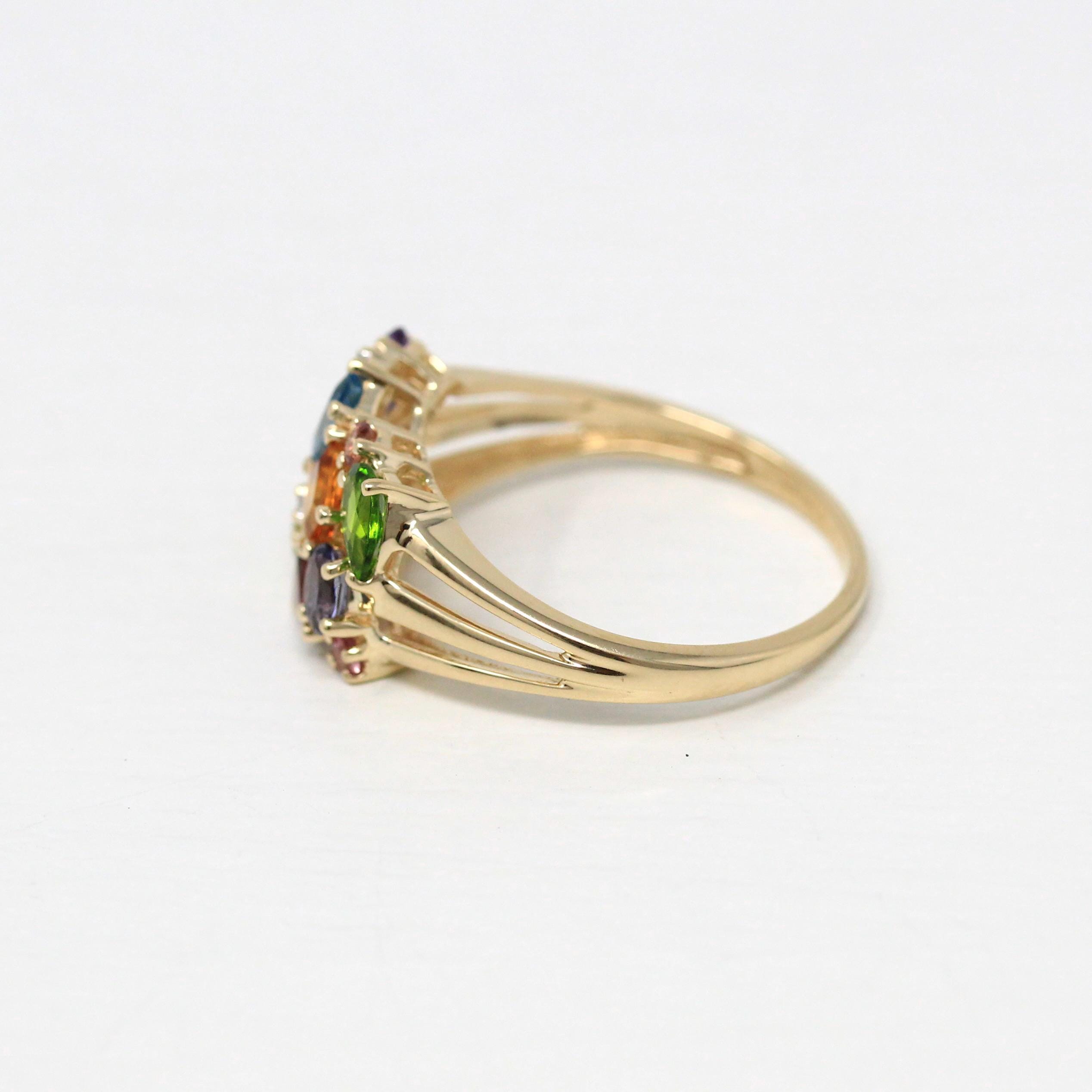 Rainbow Gemstone Ring - Statement Modern 14k Yellow Gold Genuine Multi Color Gem - Estate 2000s Size 9 1/4 Fine Citrine Topaz Garnet Jewelry