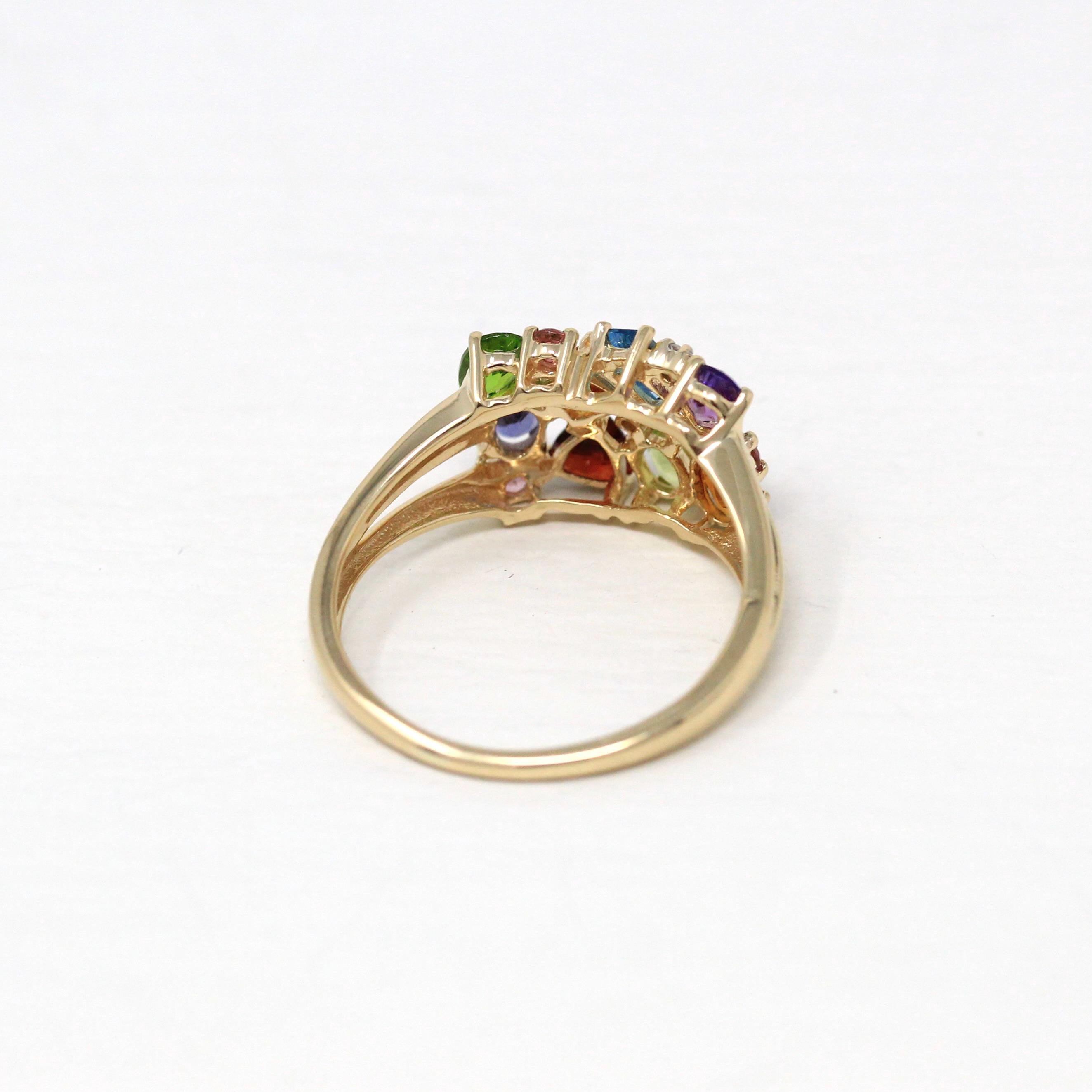 Rainbow Gemstone Ring - Statement Modern 14k Yellow Gold Genuine Multi Color Gem - Estate 2000s Size 9 1/4 Fine Citrine Topaz Garnet Jewelry