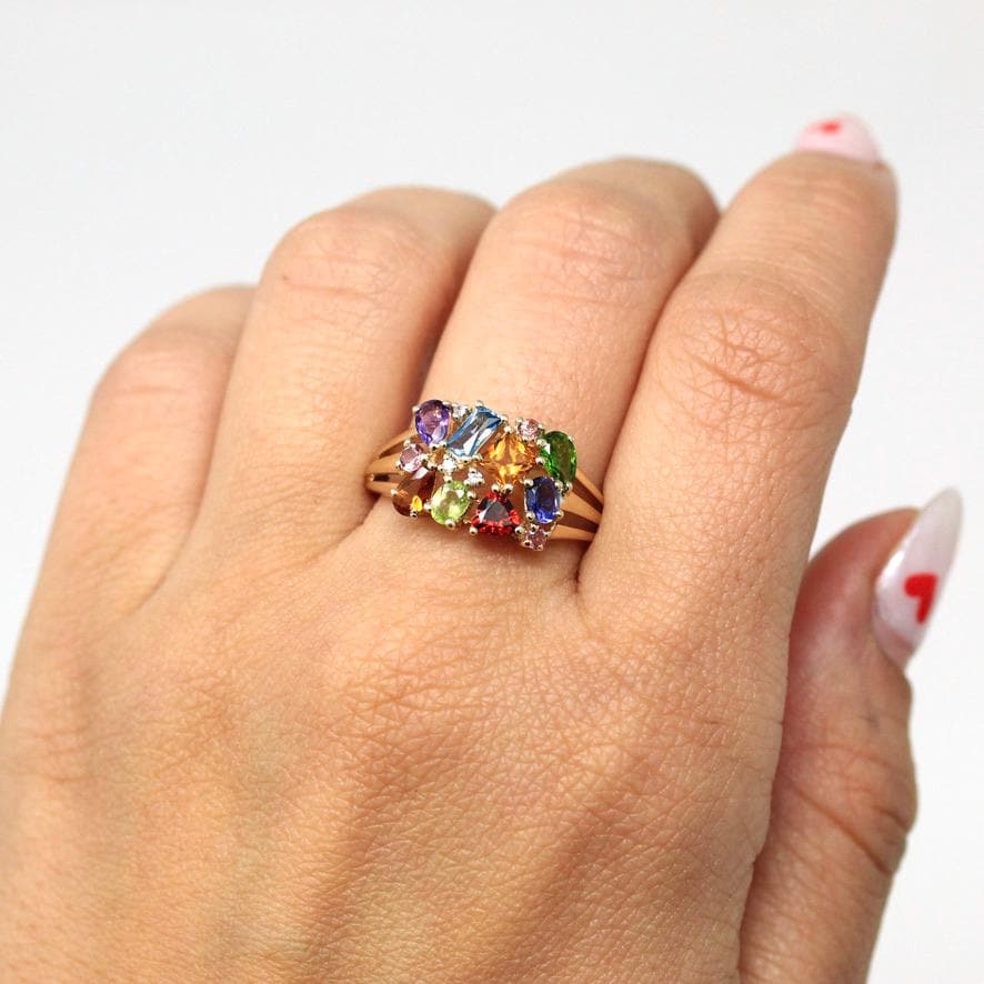 Rainbow Gemstone Ring - Statement Modern 14k Yellow Gold Genuine Multi Color Gem - Estate 2000s Size 9 1/4 Fine Citrine Topaz Garnet Jewelry