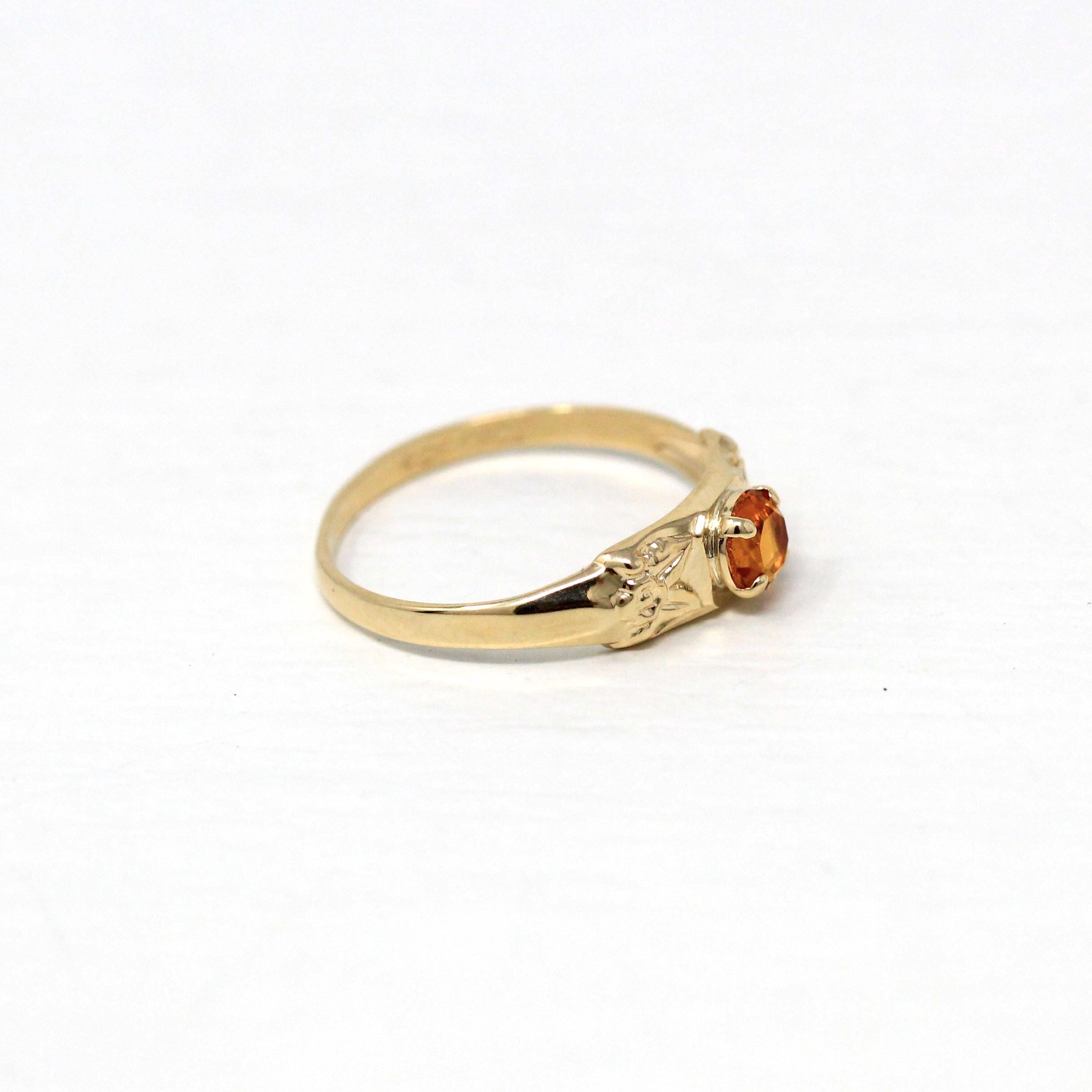 Simulated Citrine Ring - Retro 10k Yellow Gold Orange Round Glass Stone - Circa 1940s Era Size 3 3/4 Children's Baby November Fine Jewelry