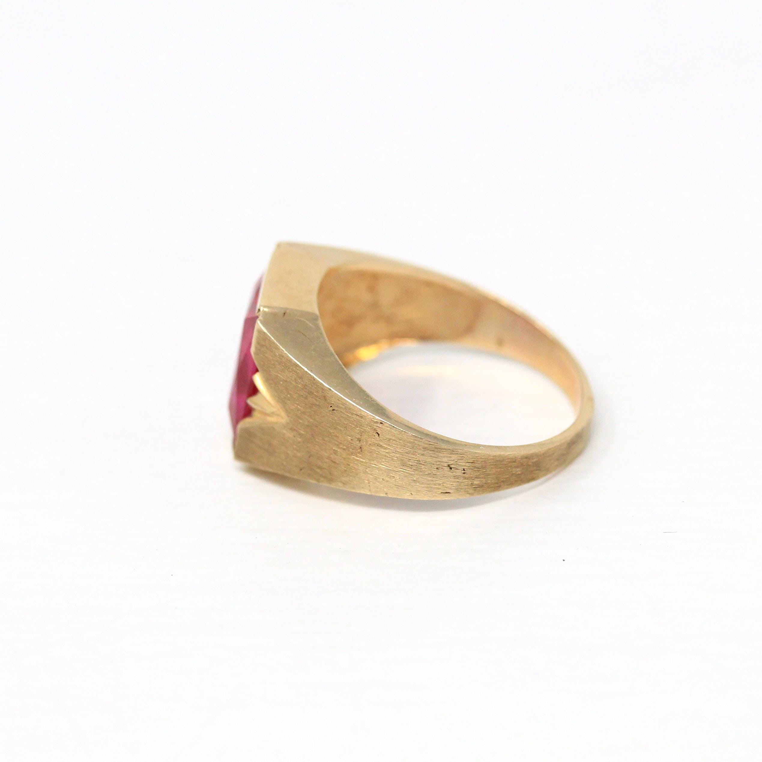 Created Ruby Ring - Retro 10k Yellow Gold Rectangular Faceted Stone - Vintage Circa 1960s Size 7 New Old Stock Unisex Statement 60s Jewelry