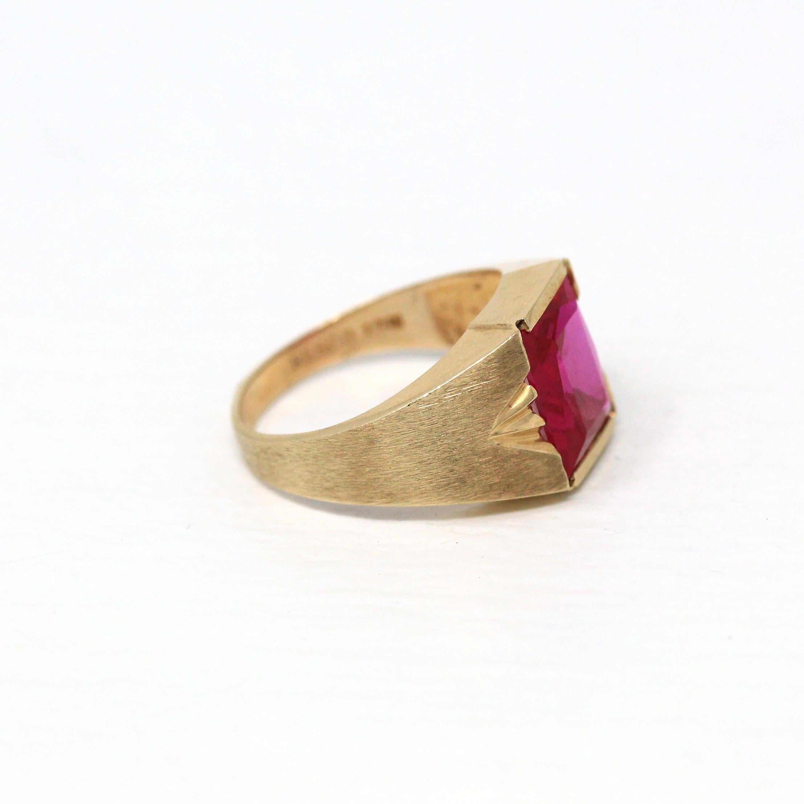 Created Ruby Ring - Retro 10k Yellow Gold Rectangular Faceted Stone - Vintage Circa 1960s Size 7 New Old Stock Unisex Statement 60s Jewelry