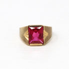 Created Ruby Ring - Retro 10k Yellow Gold Rectangular Faceted Stone - Vintage Circa 1960s Size 7 New Old Stock Unisex Statement 60s Jewelry