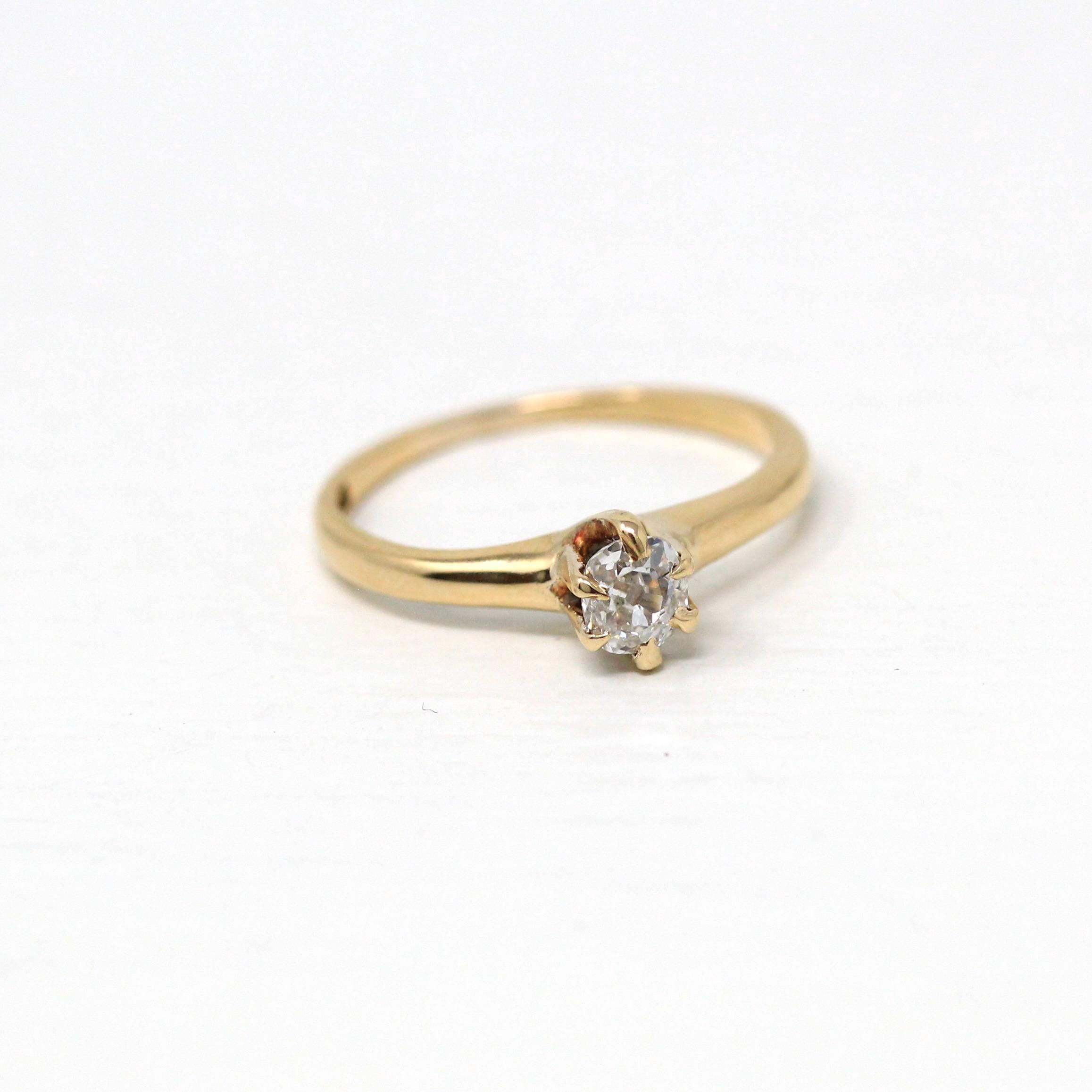 Antique Diamond Ring - Edwardian 14k Yellow Gold Solitaire 1/4 CT Old Mine Cut Gemstone - 1910s Size 4 3/4 Fine Wedding Engagement Jewelry