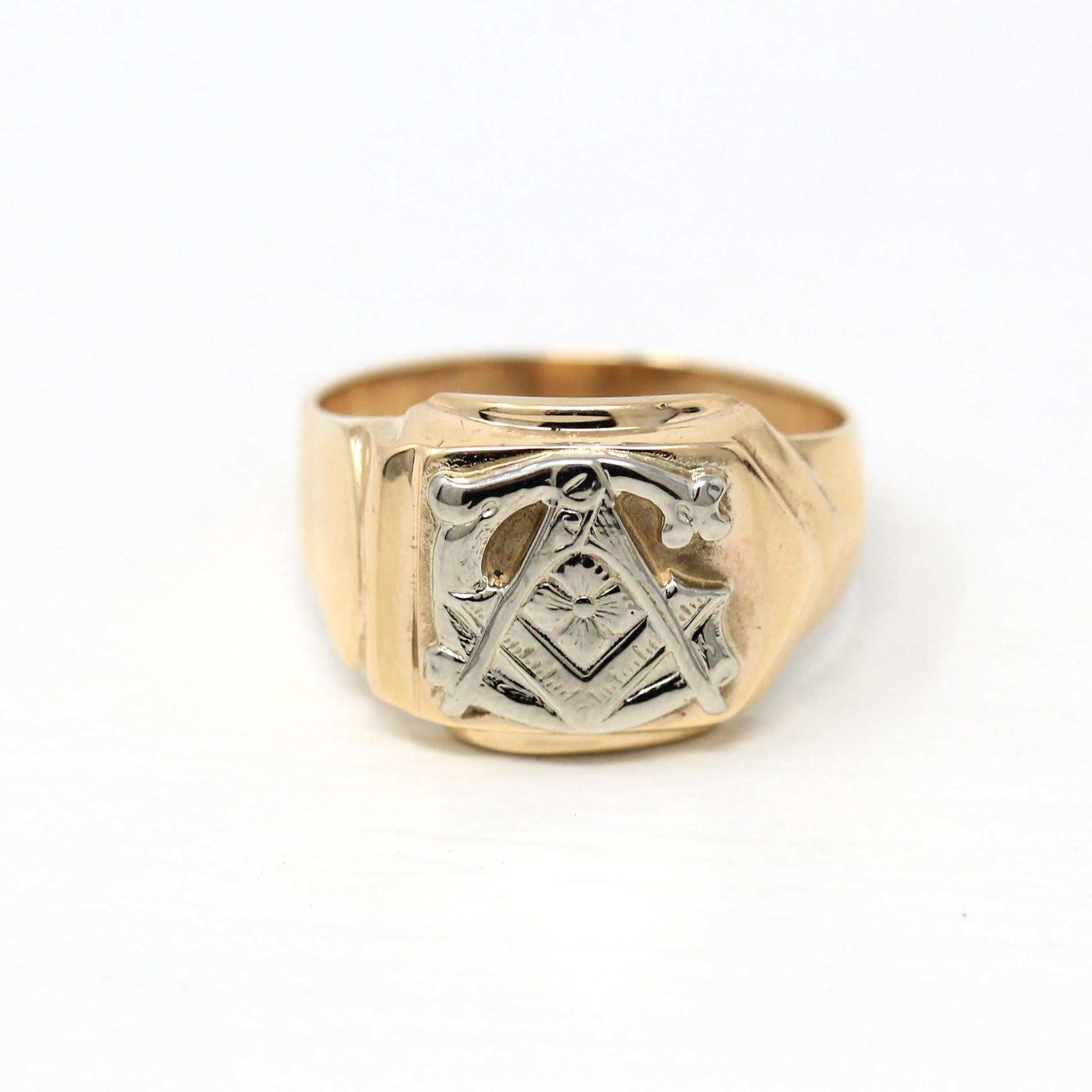 Vintage Freemason Ring - Retro 10k Yellow & White Gold Masonic Fraternity - Circa 1940s Era Size 10 1/4 Compass Letter "G" Statement Jewelry