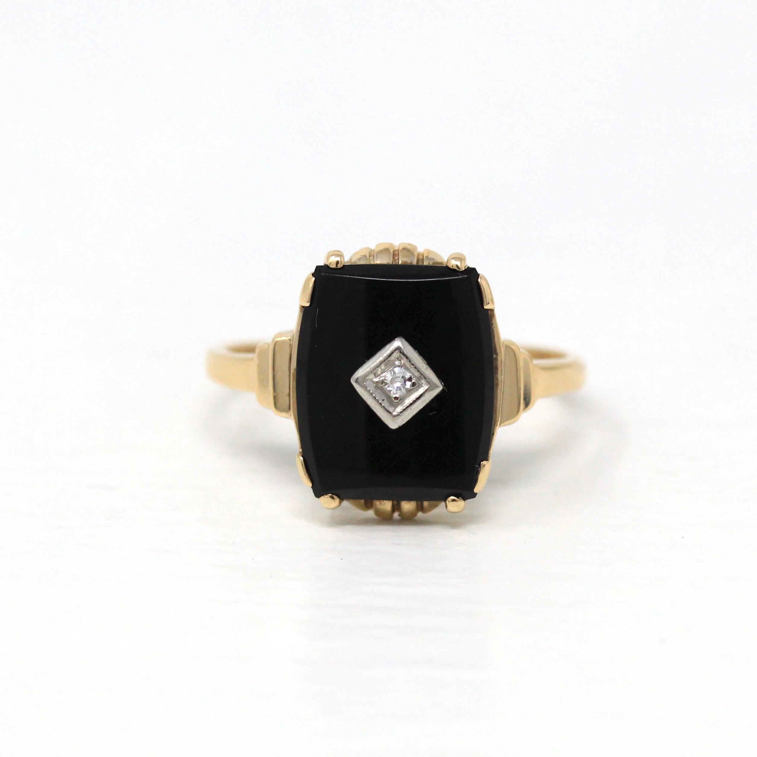 Genuine Onyx Ring - Retro 10k Yellow Gold Black Fancy Cut Gemstone - Vintage Circa 1960s Era Size 8 1/2 Diamond Statement Fine B&F Jewelry