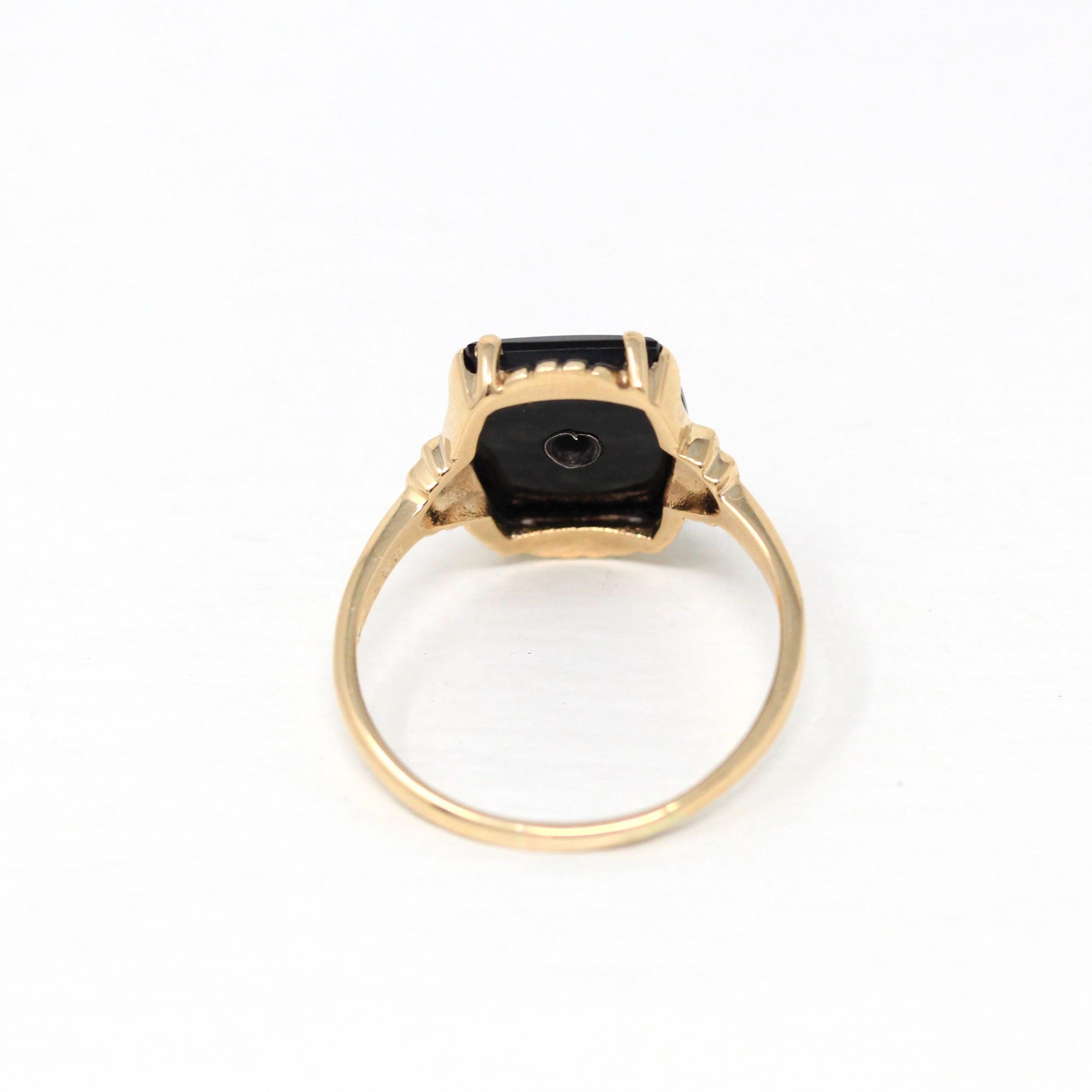 Genuine Onyx Ring - Retro 10k Yellow Gold Black Fancy Cut Gemstone - Vintage Circa 1960s Era Size 8 1/2 Diamond Statement Fine B&F Jewelry