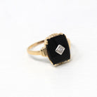 Genuine Onyx Ring - Retro 10k Yellow Gold Black Fancy Cut Gemstone - Vintage Circa 1960s Era Size 8 1/2 Diamond Statement Fine B&F Jewelry