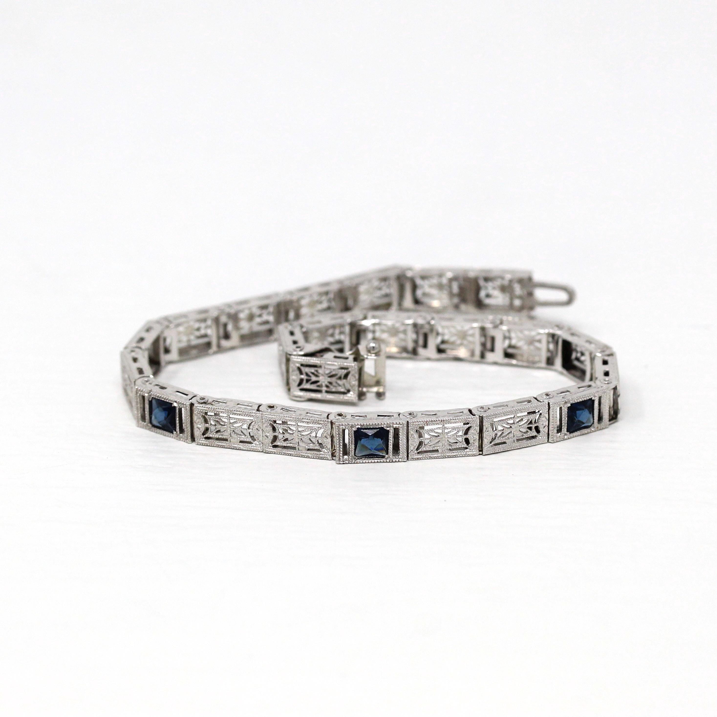 Art Deco Bracelet - Vintage 14k White Gold & Simulated Sapphire Filigree Panel Links - Antique Circa 1930s Blue Stone September Fine Jewelry