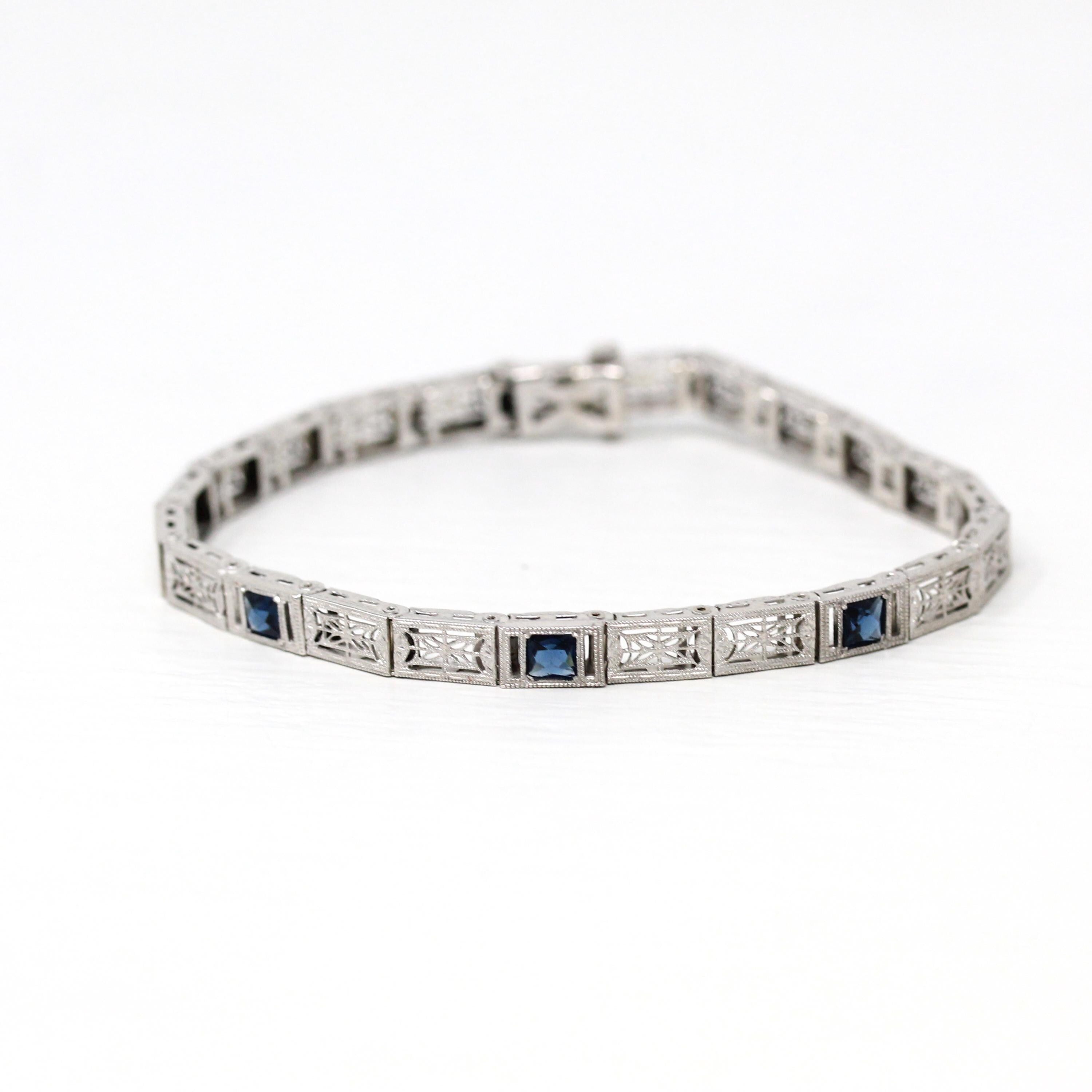 Art Deco Bracelet - Vintage 14k White Gold & Simulated Sapphire Filigree Panel Links - Antique Circa 1930s Blue Stone September Fine Jewelry