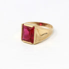 Created Ruby Ring - Retro 10k Yellow Gold Rectangular Faceted Stone - Vintage Circa 1960s Size 6 1/2 New Old Stock Unisex Statement Jewelry