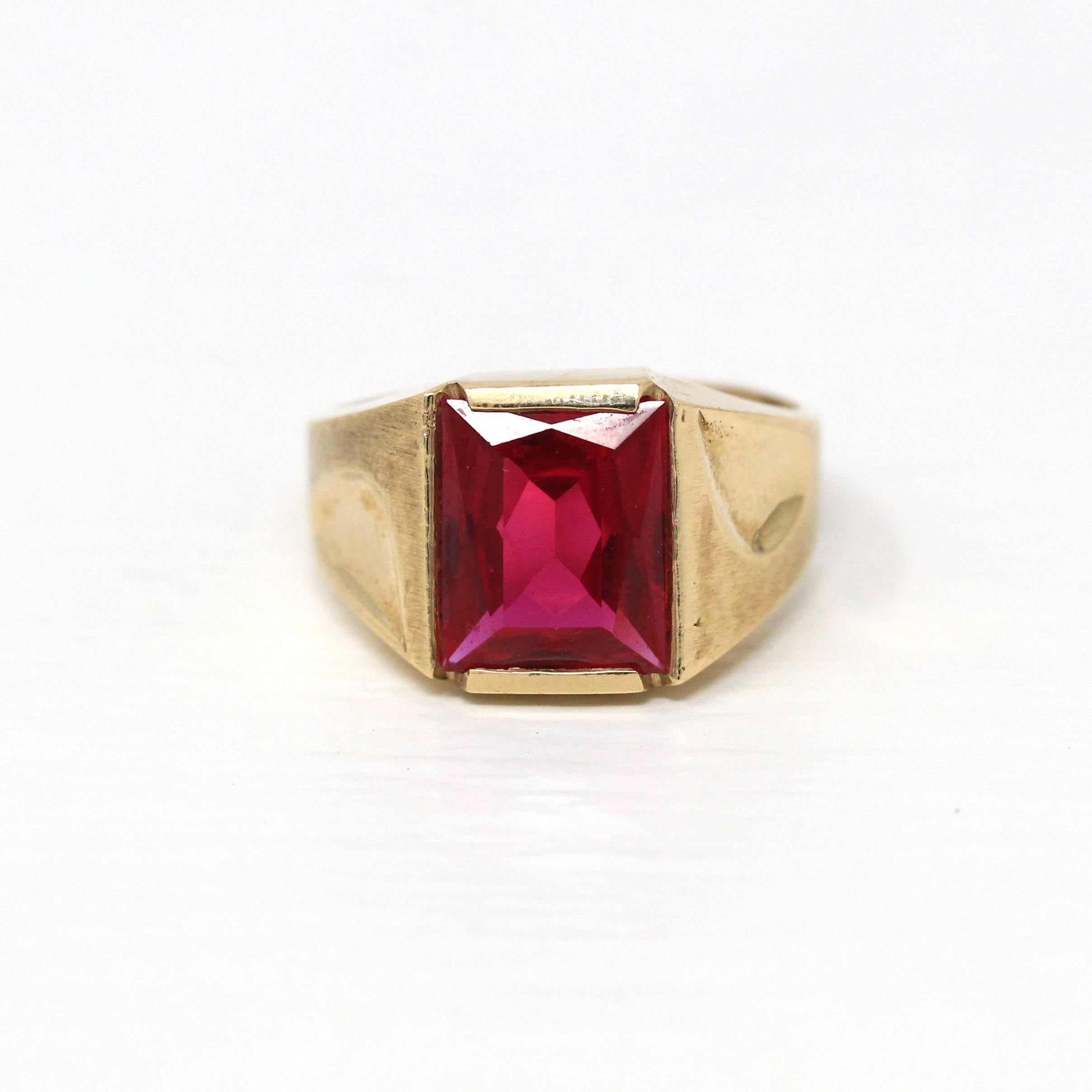 Created Ruby Ring - Retro 10k Yellow Gold Rectangular Faceted Stone - Vintage Circa 1960s Size 6 1/2 New Old Stock Unisex Statement Jewelry