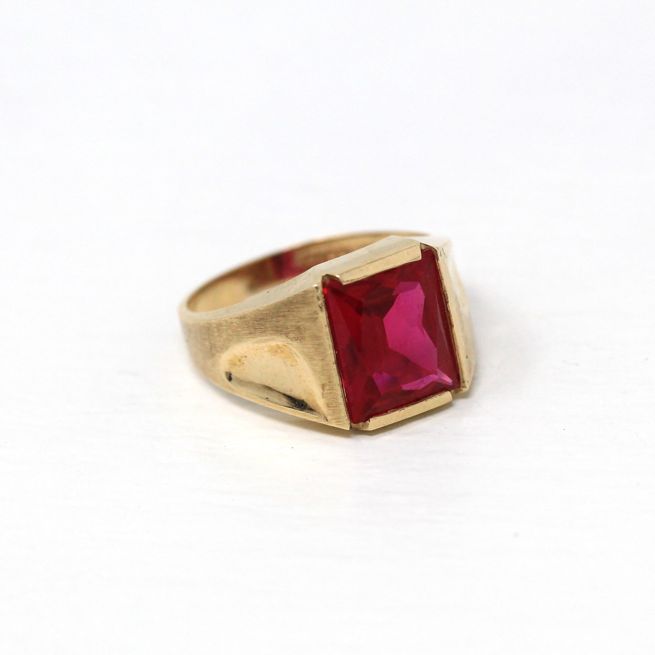 Created Ruby Ring - Retro 10k Yellow Gold Rectangular Faceted Stone - Vintage Circa 1960s Size 6 1/2 New Old Stock Unisex Statement Jewelry