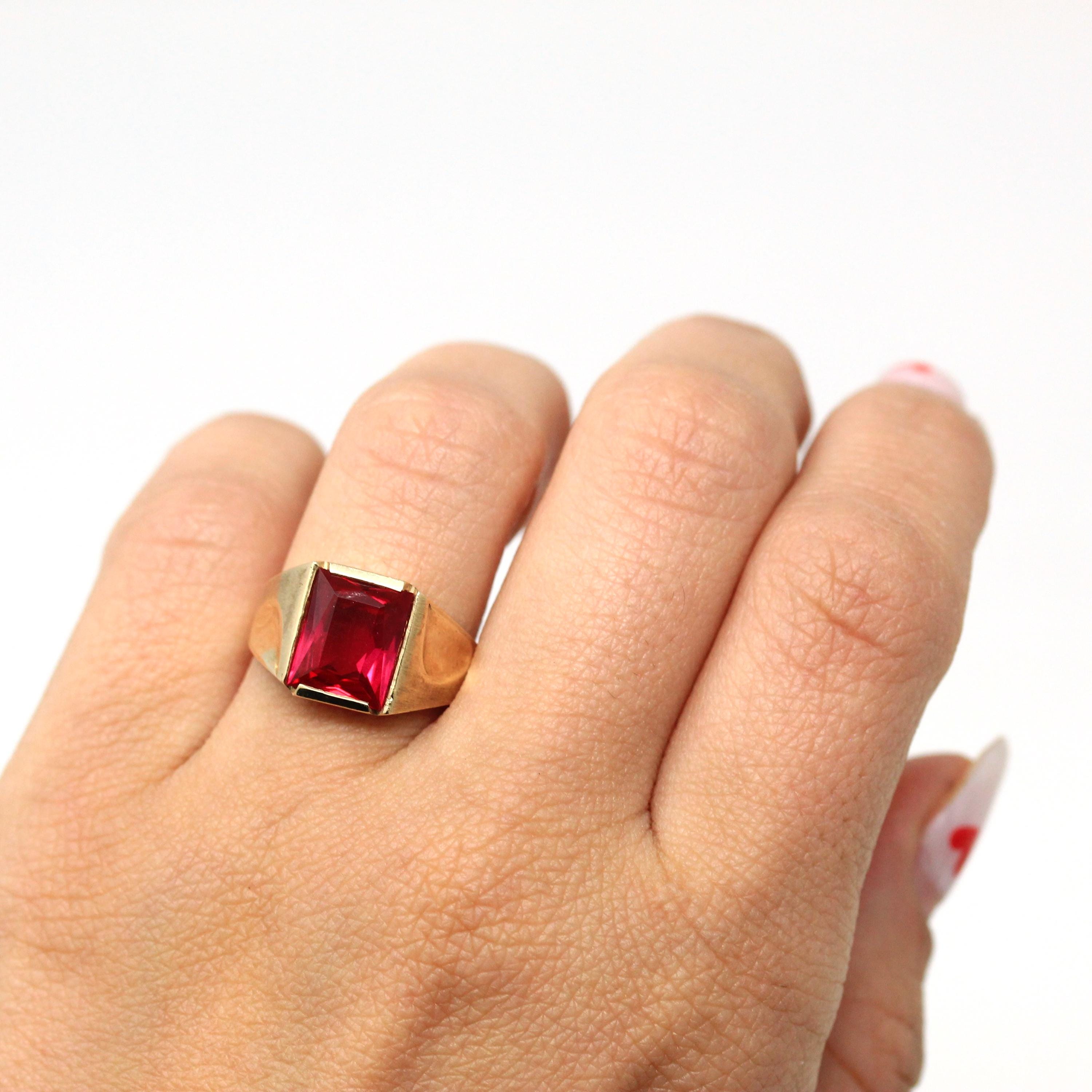 Created Ruby Ring - Retro 10k Yellow Gold Rectangular Faceted Stone - Vintage Circa 1960s Size 6 1/2 New Old Stock Unisex Statement Jewelry