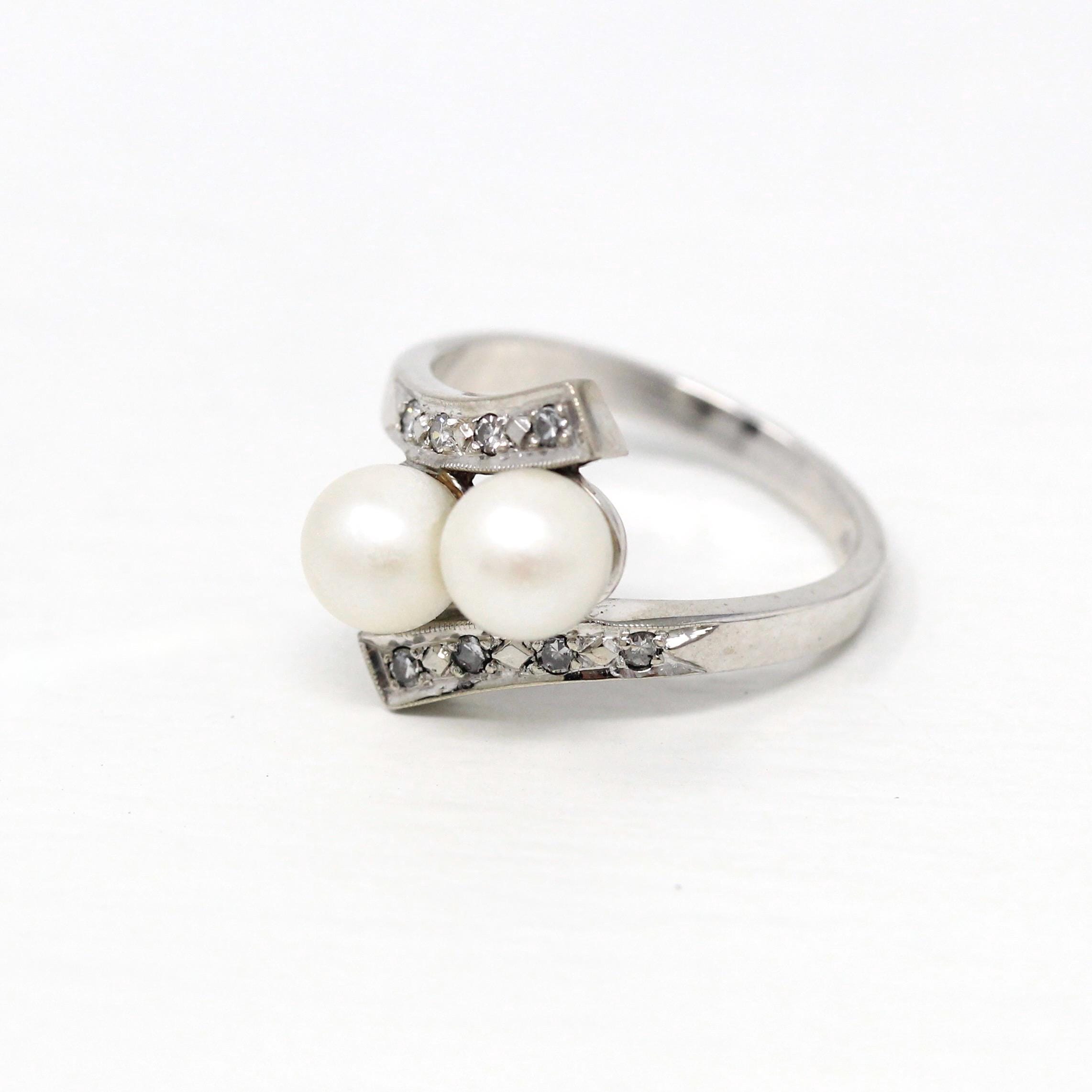 Cultured Pearl Bypass Ring - Mid Century 14k White Gold Toi Et Moi Style - Vintage Circa 1950s Era Size 5 3/4 June Birthstone Fine Jewelry