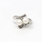 Cultured Pearl Bypass Ring - Mid Century 14k White Gold Toi Et Moi Style - Vintage Circa 1950s Era Size 5 3/4 June Birthstone Fine Jewelry