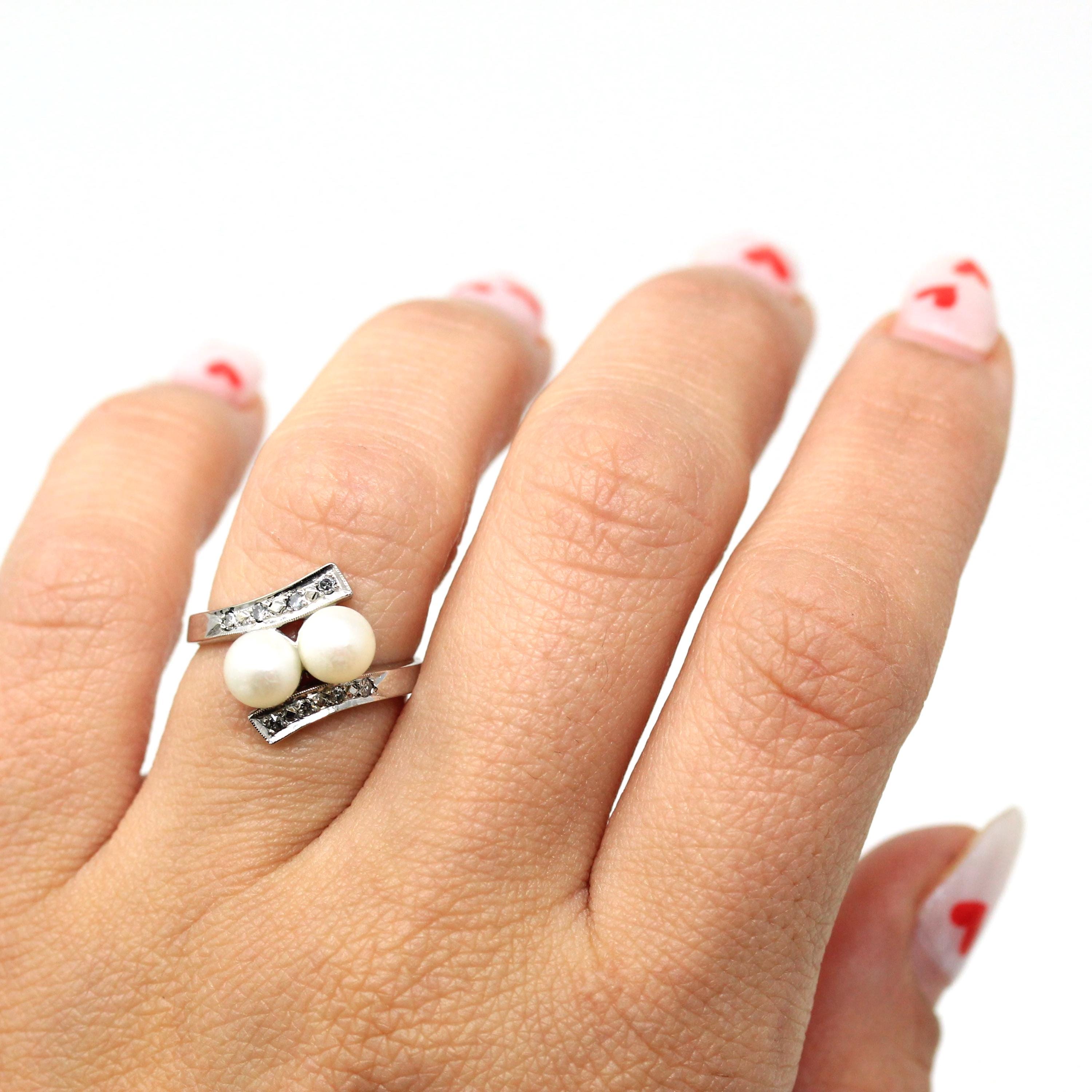 Cultured Pearl Bypass Ring - Mid Century 14k White Gold Toi Et Moi Style - Vintage Circa 1950s Era Size 5 3/4 June Birthstone Fine Jewelry