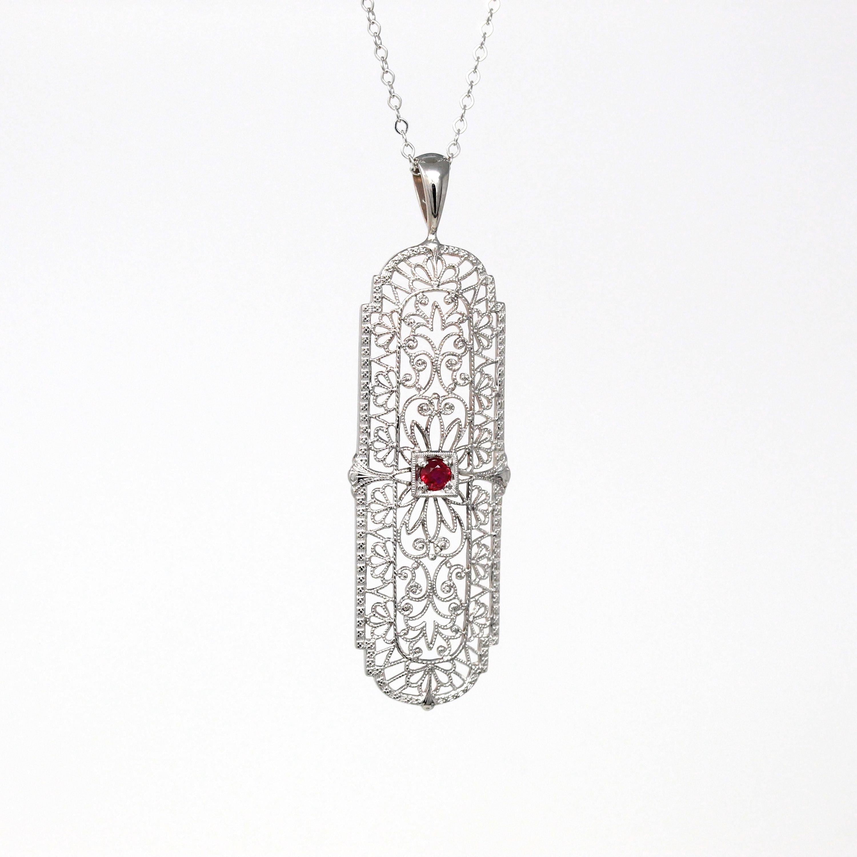 Vintage Ruby Pendant - Art Deco 10k White Gold Round Cut July Birthstone Red Gemstone - Circa 1930s Era Flower Filigree Fine 30s Jewelry