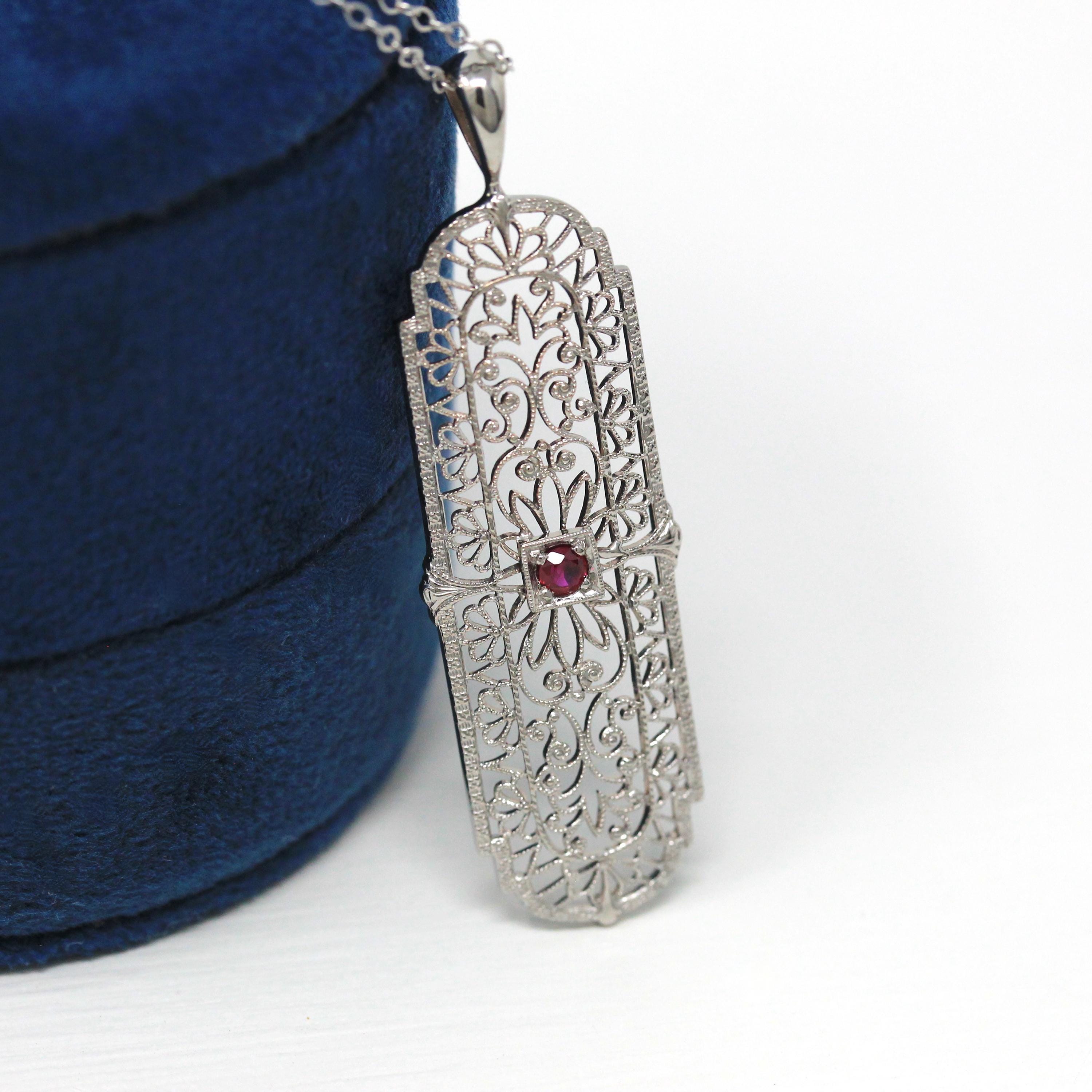 Vintage Ruby Pendant - Art Deco 10k White Gold Round Cut July Birthstone Red Gemstone - Circa 1930s Era Flower Filigree Fine 30s Jewelry