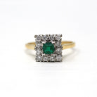 Emerald & Diamond Ring - Vintage Estate 18k Yellow White Gold .35 ct Green Square Cut Diamond Halo - Engagement Fine Two Tone Jewelry