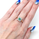 Emerald & Diamond Ring - Vintage Estate 18k Yellow White Gold .35 ct Green Square Cut Diamond Halo - Engagement Fine Two Tone Jewelry