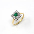 Emerald & Diamond Ring - Vintage Estate 18k Yellow White Gold .35 ct Green Square Cut Diamond Halo - Engagement Fine Two Tone Jewelry