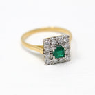 Emerald & Diamond Ring - Vintage Estate 18k Yellow White Gold .35 ct Green Square Cut Diamond Halo - Engagement Fine Two Tone Jewelry