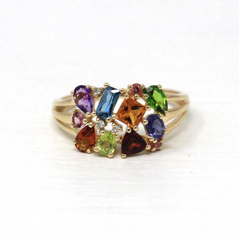 Rainbow Gemstone Ring - Statement Modern 14k Yellow Gold Genuine Multi Color Gem - Estate 2000s Size 9 1/4 Fine Citrine Topaz Garnet Jewelry