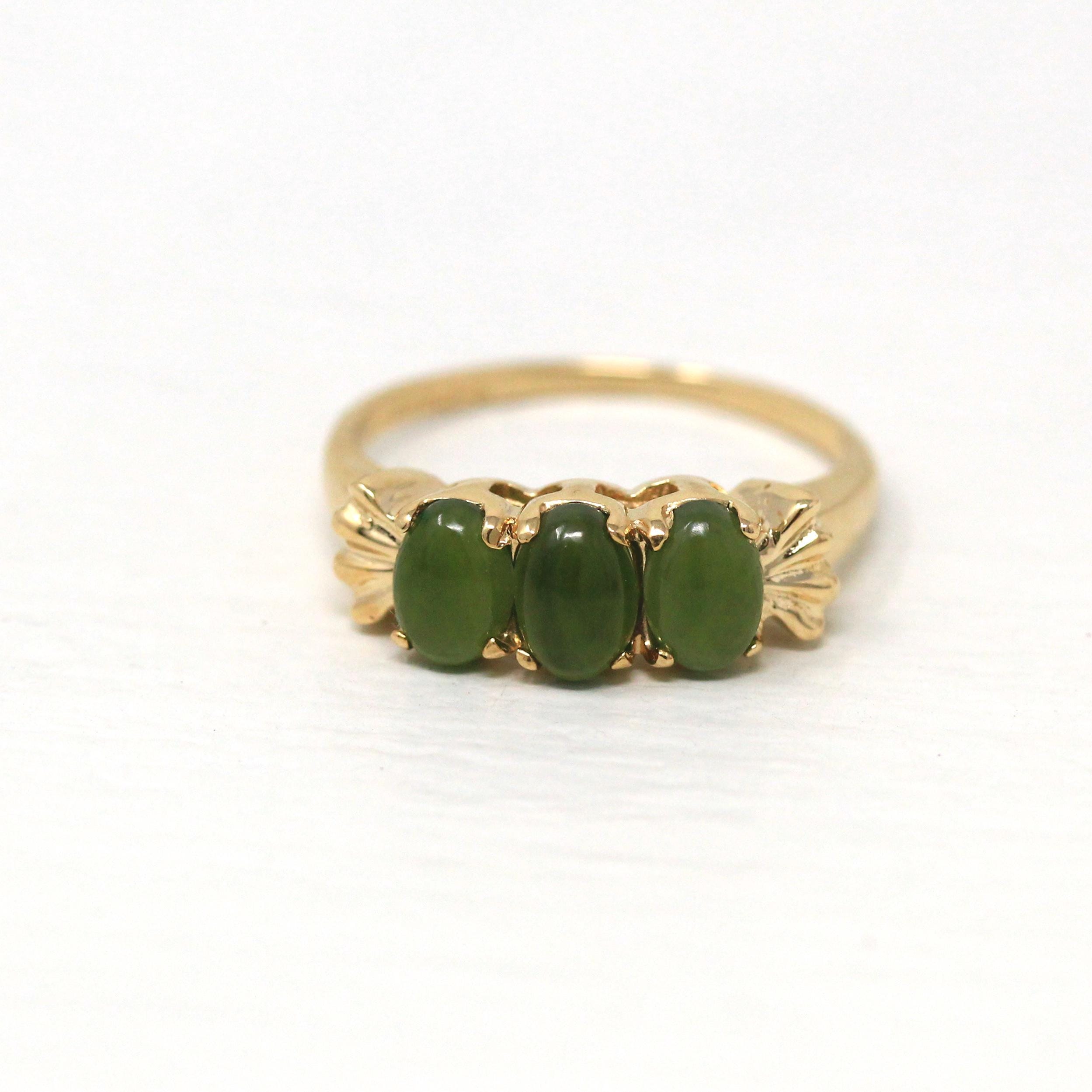 Nephrite Jade Band - Retro 10k Yellow Gold Genuine Green Gemstone Ring - Vintage Circa 1970s Era Size 6 1/4 StatementThree Gem 70s Jewelry