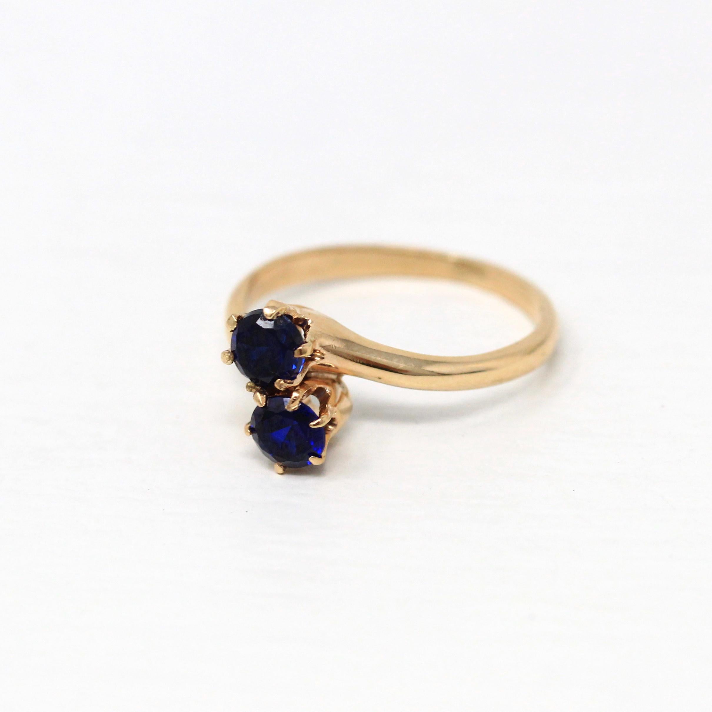 Created Sapphire Ring - Retro 14k Round Faceted Dark Blue Stones Bypass - Vintage Circa 1940s Era Size 6 1/4 Toi Et Moi Style Fine Jewelry